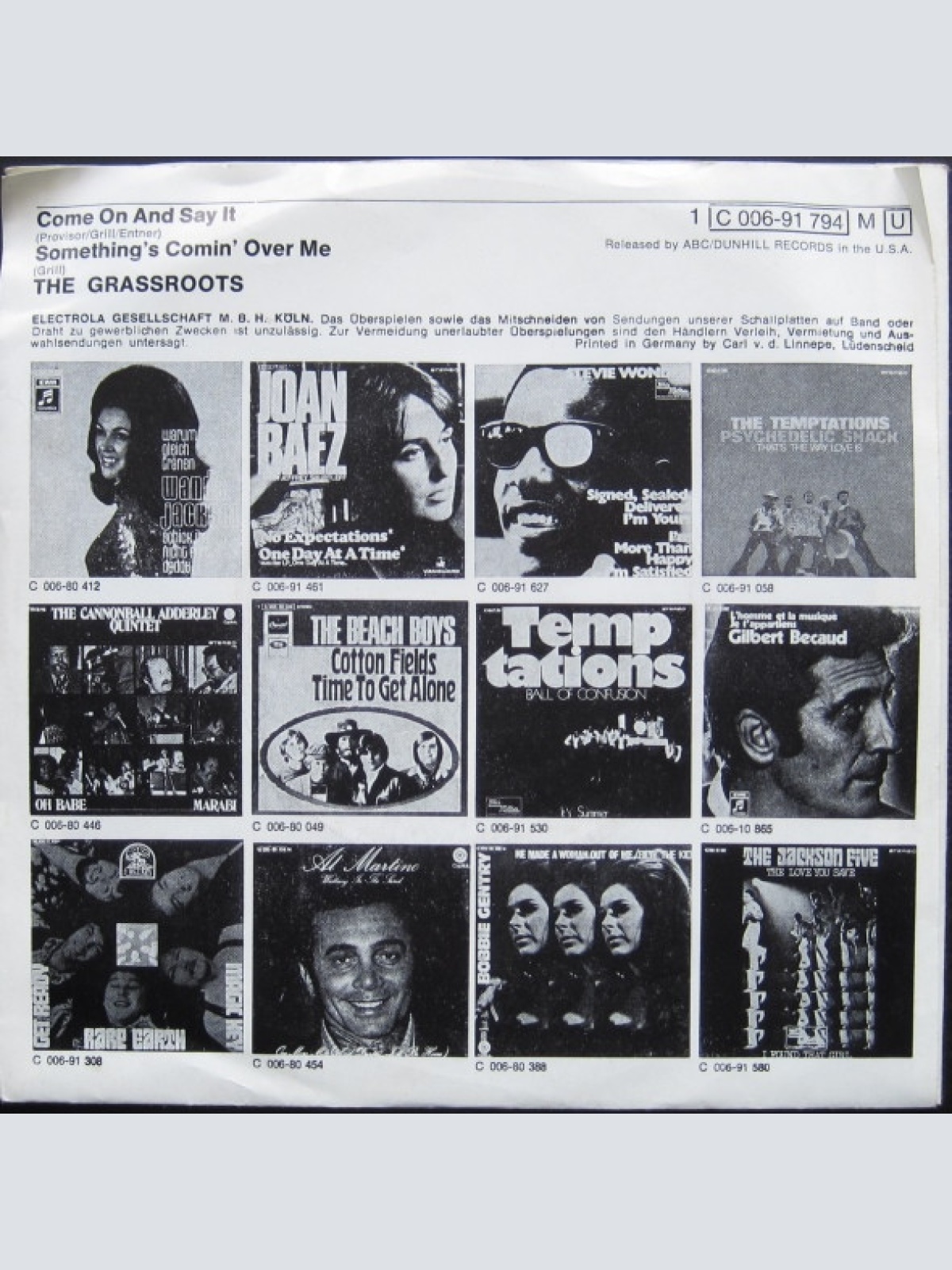 Vinyl / The Grassroots* - Come On And Say It / Something's Comin' Over Me