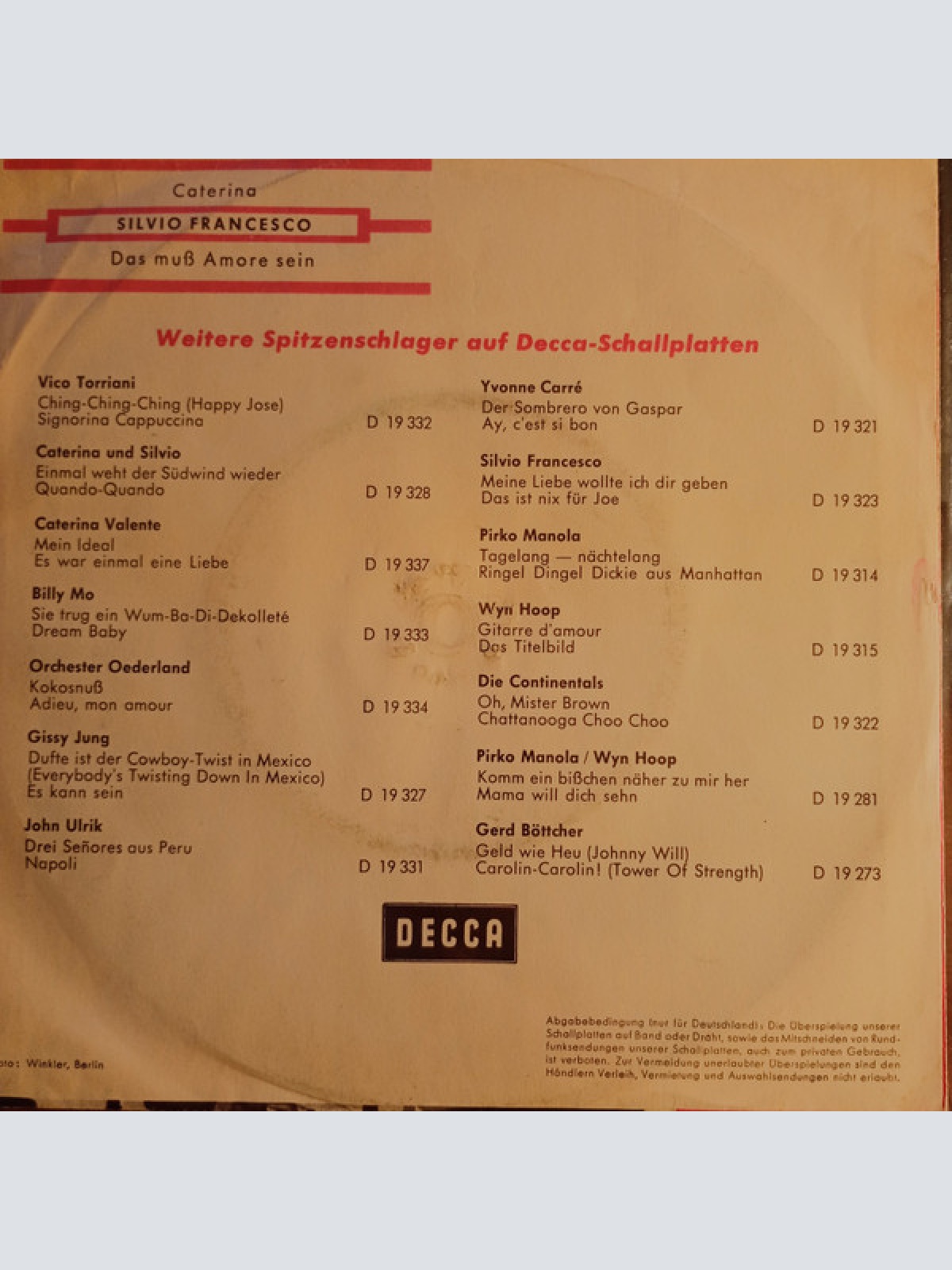 Vinyl / Silvio Francesco - Caterina / Das muß Amore sein