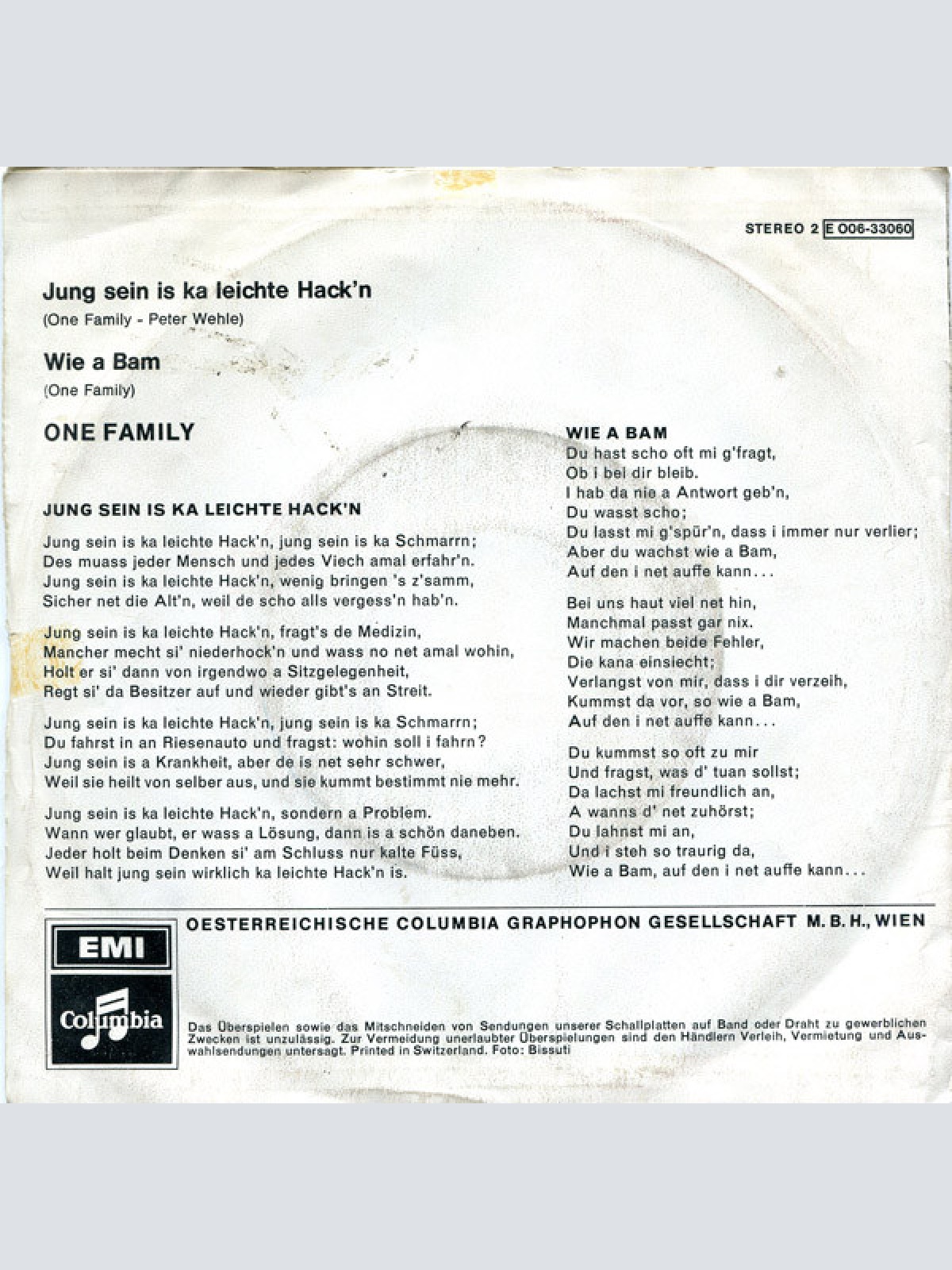 Vinyl / One Family (2) - Jung Sein Is Ka Leichte Hack'n / Wie A Bam