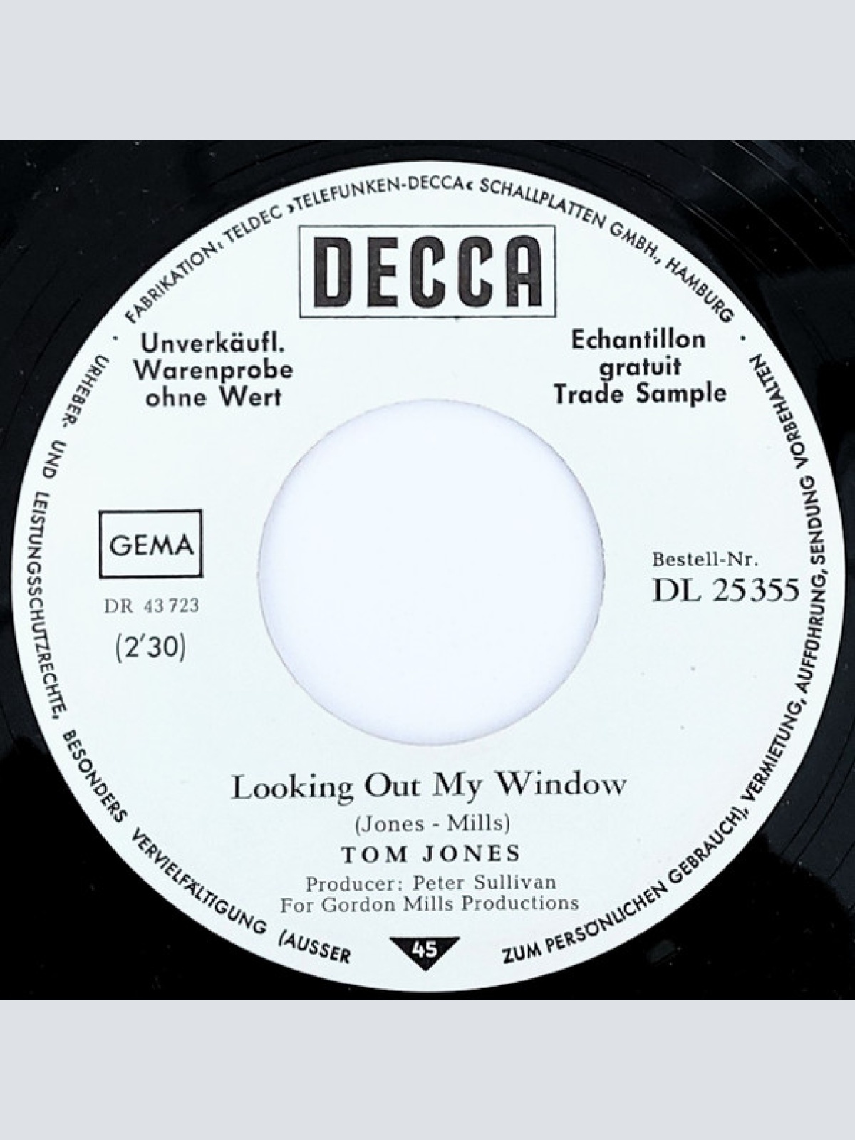 Vinyl / Tom Jones - A Minute Of Your Time / Looking Out My Window