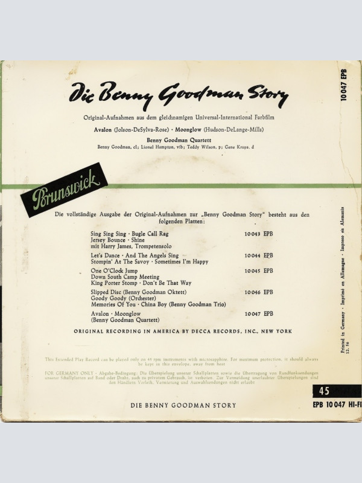 Vinyl / Benny Goodman Quartett* - Die Benny Goodman Story