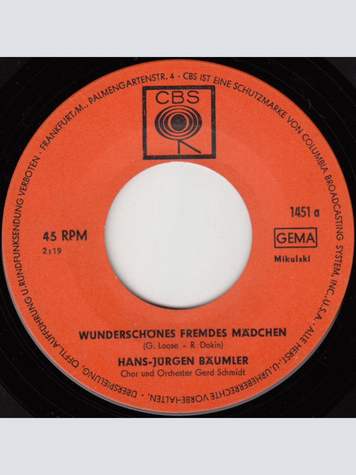 Vinyl / Hans-Jürgen Bäumler - Wunderschönes Fremdes Mädchen / Eine Träne Unter Tausend