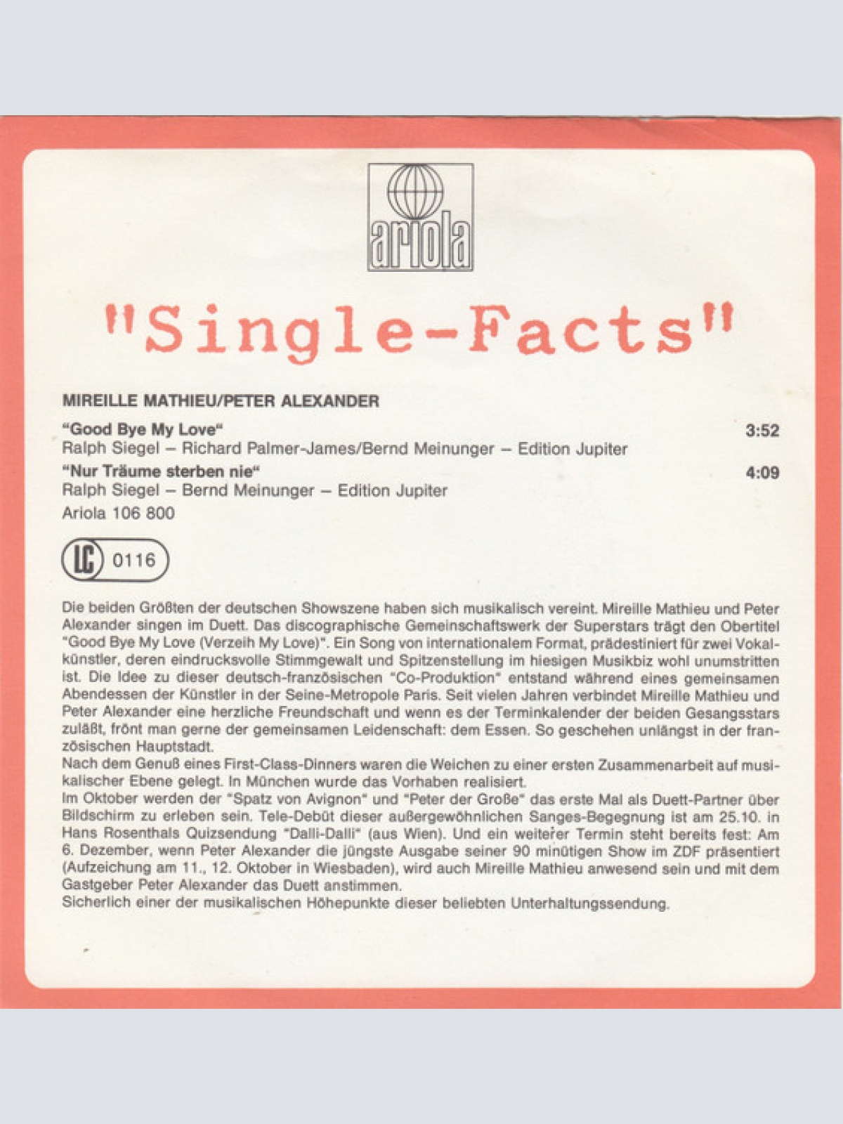 Vinyl / Mireille Mathieu & Peter Alexander - Good-Bye My Love (Verzeih My Love)