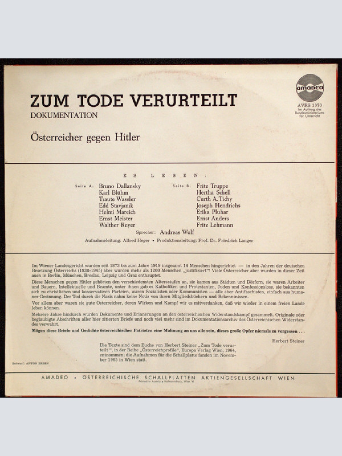 Vinyl / Various - Zum Tode Verurteilt - Österreicher Gegen Hitler