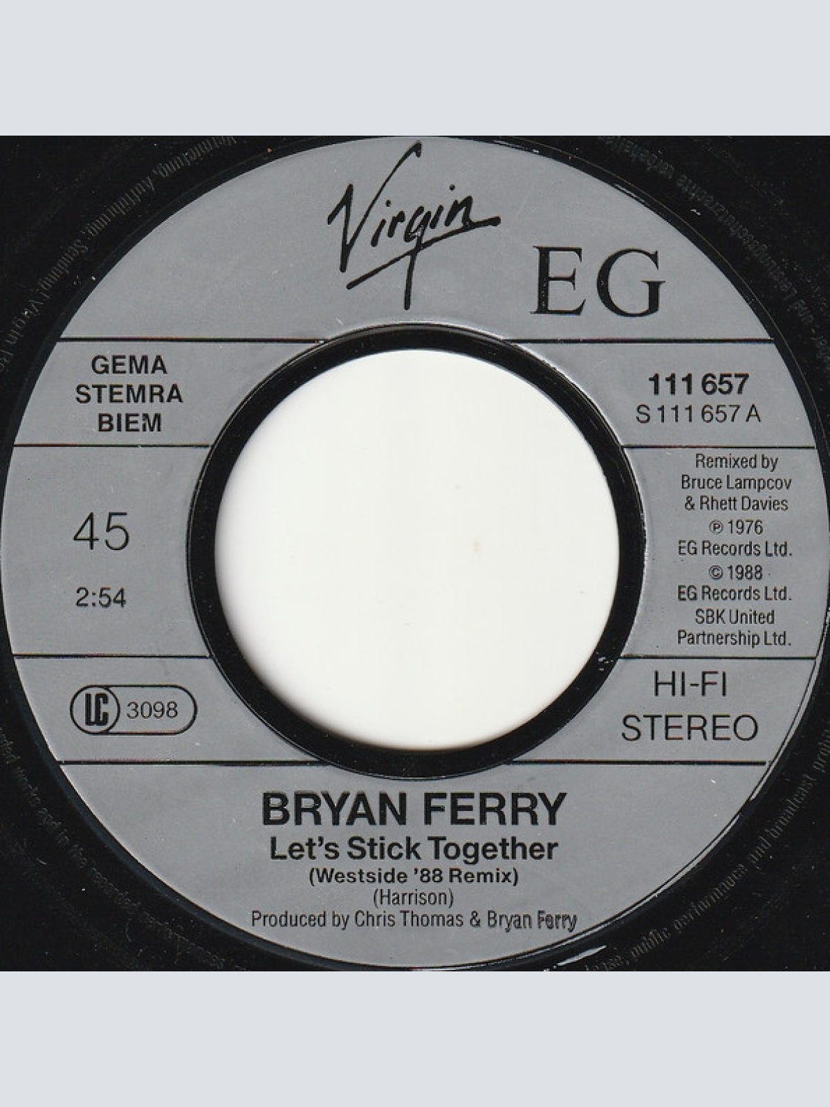 Vinyl / Bryan Ferry - Let's Stick Together (Westside '88 Remix)