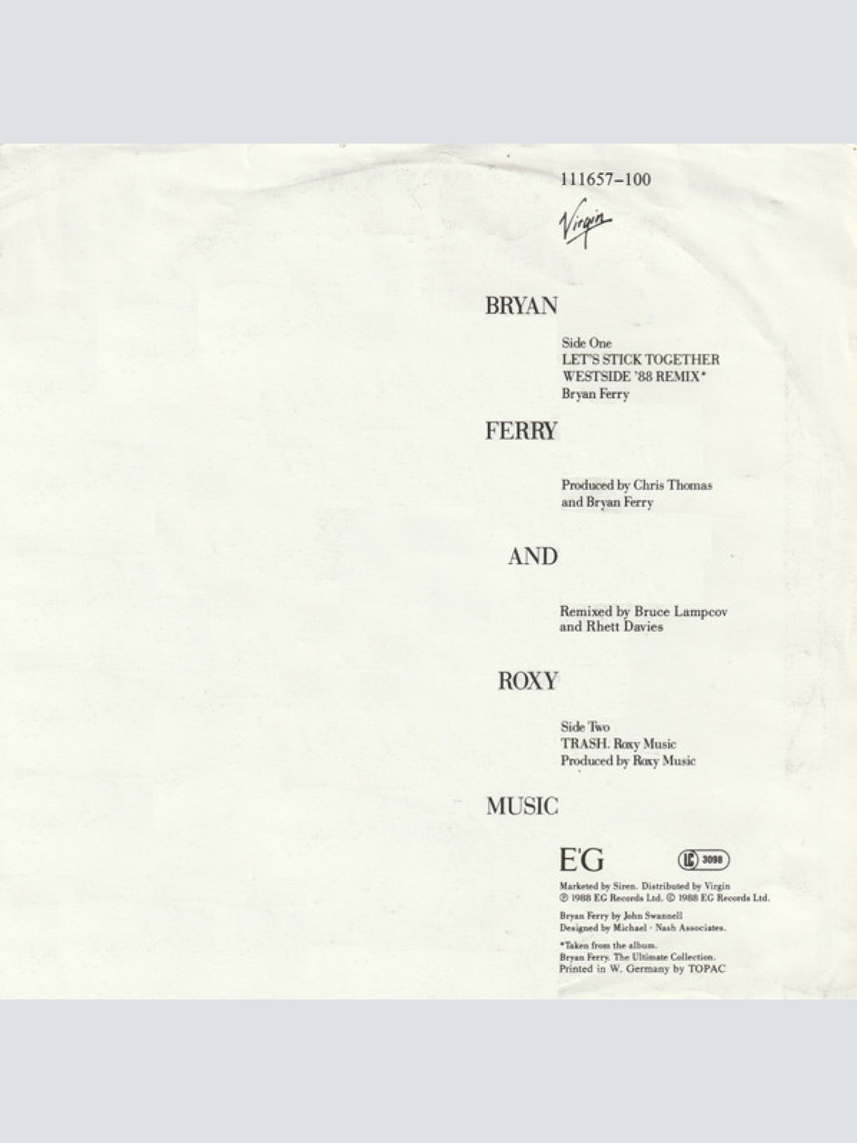 Vinyl / Bryan Ferry - Let's Stick Together (Westside '88 Remix)