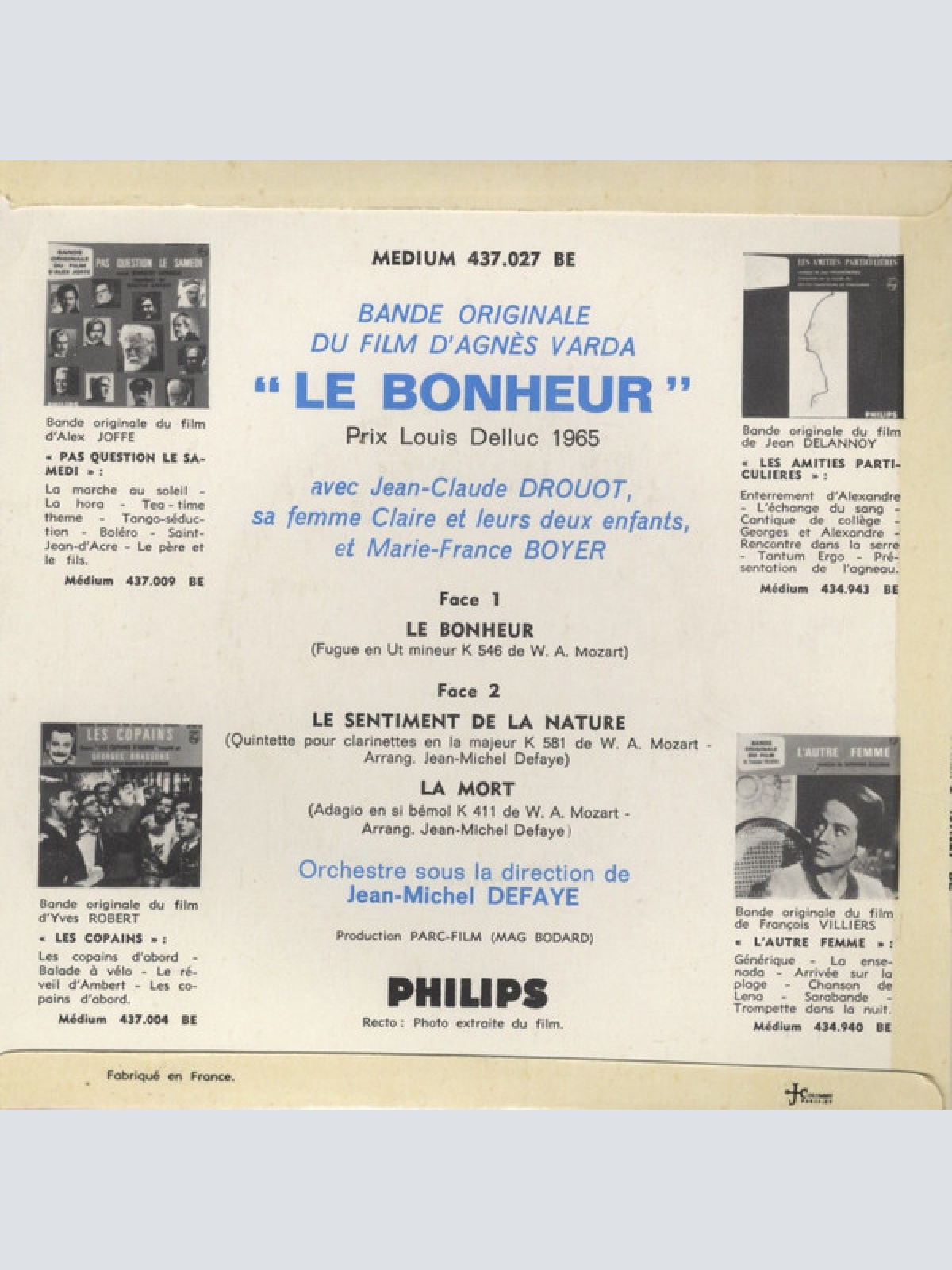 Vinyl / Wolfgang Amadeus Mozart, Jean-Michel Defaye - Le Bonheur - Bande Originale Du Film D'Agnès Varda