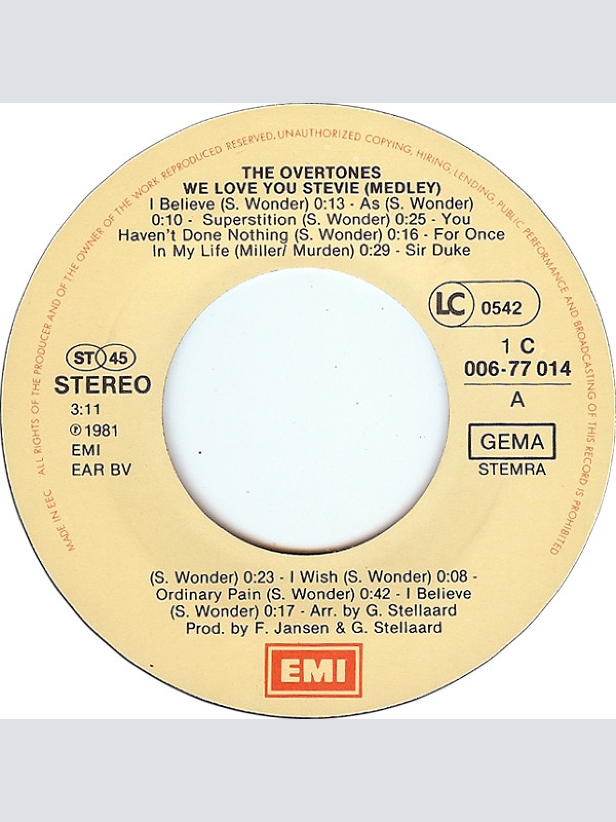 Vinyl / The Overtones (10) - We Love You Stevie (Medley)