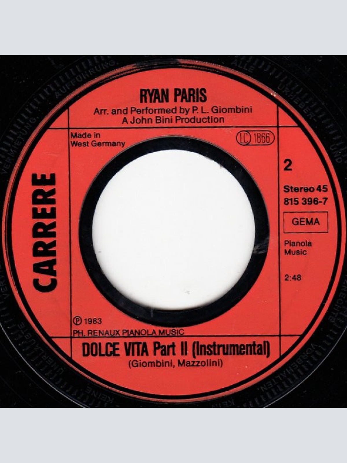 Vinyl / Ryan Paris - Dolce Vita (Original Version)