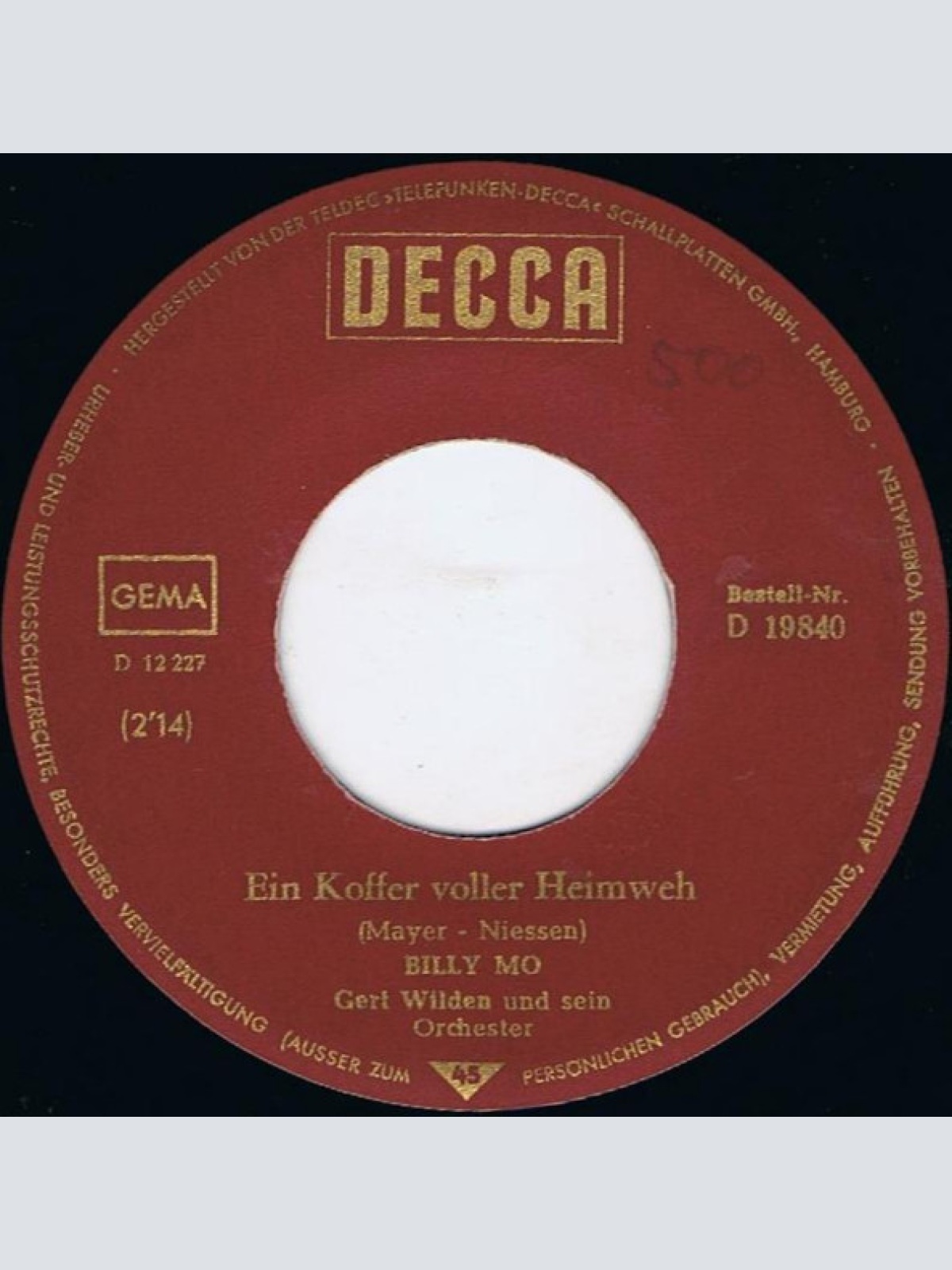 Vinyl / Billy Mo - Ein Koffer Voller Heimweh  (Jim Und Jonny) / Wenn Es Abend Wird In Kingstontown