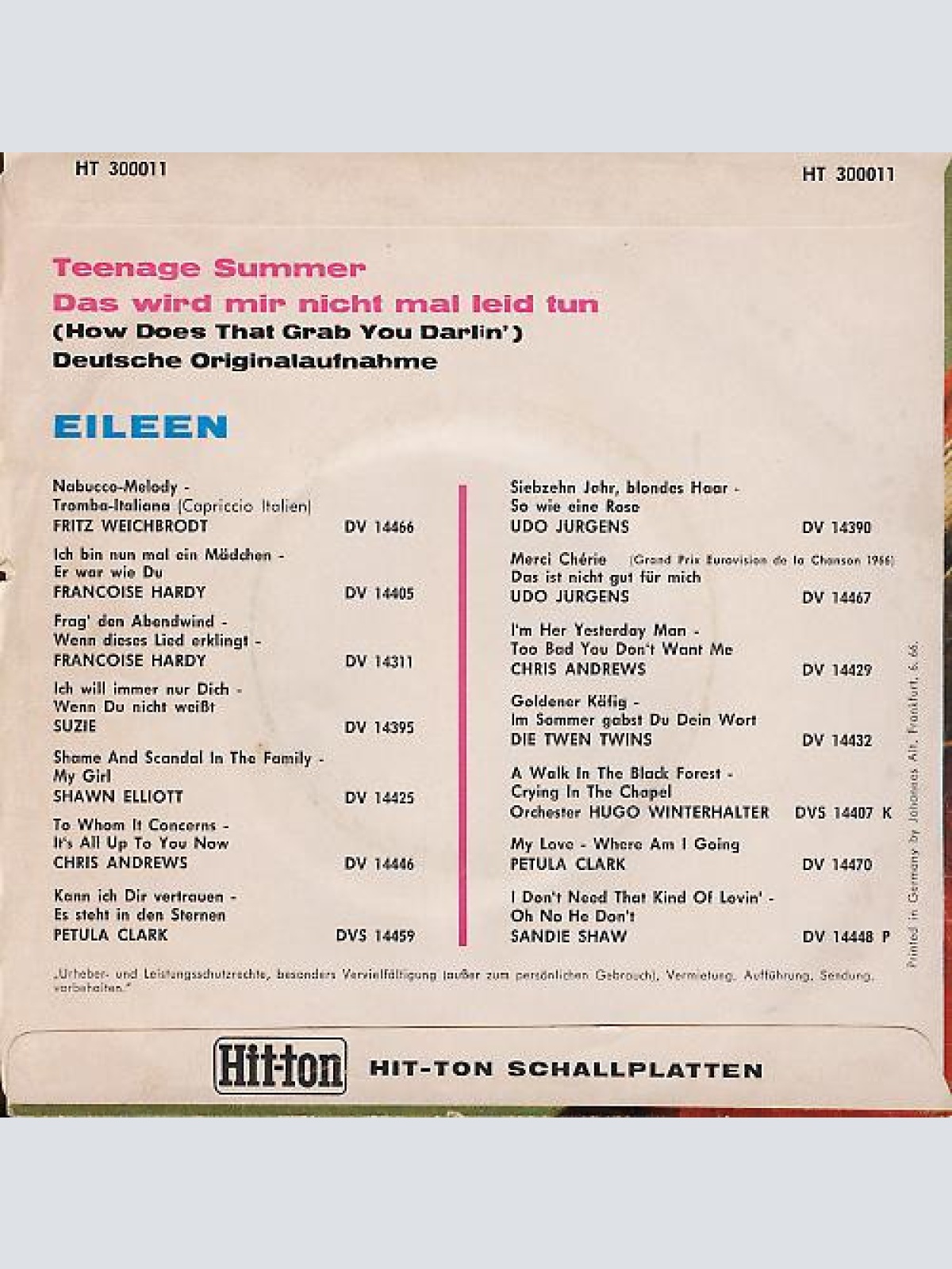 Vinyl / Eileen (2) - Teenage Summer / Das Wird Mir Nicht Mal Leid Tun