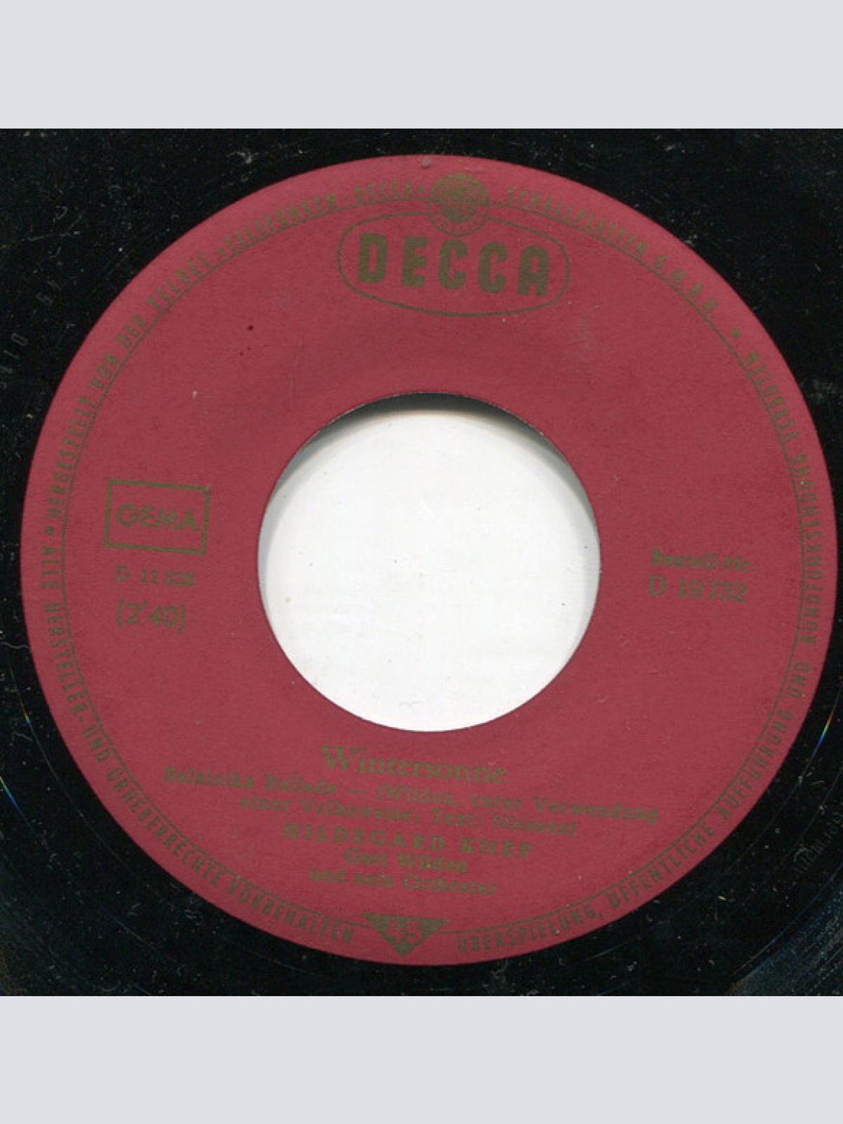 Vinyl / Hildegard Knef - In Dieser Stadt / Wintersonne