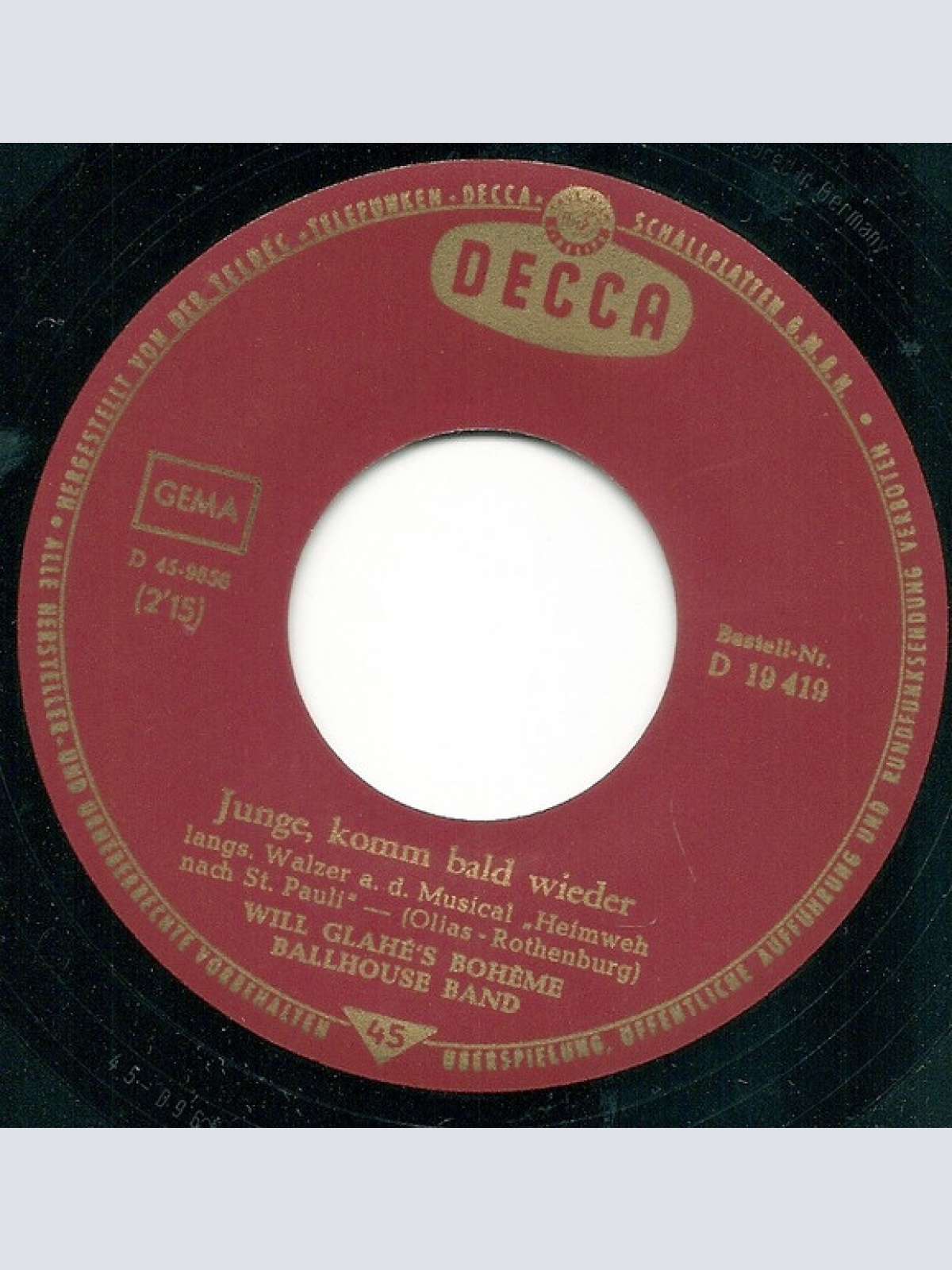 Vinyl / Will Glahé's Boheme Ballhouse Band - Casanova Baciami / Junge, Komm Bald Wieder