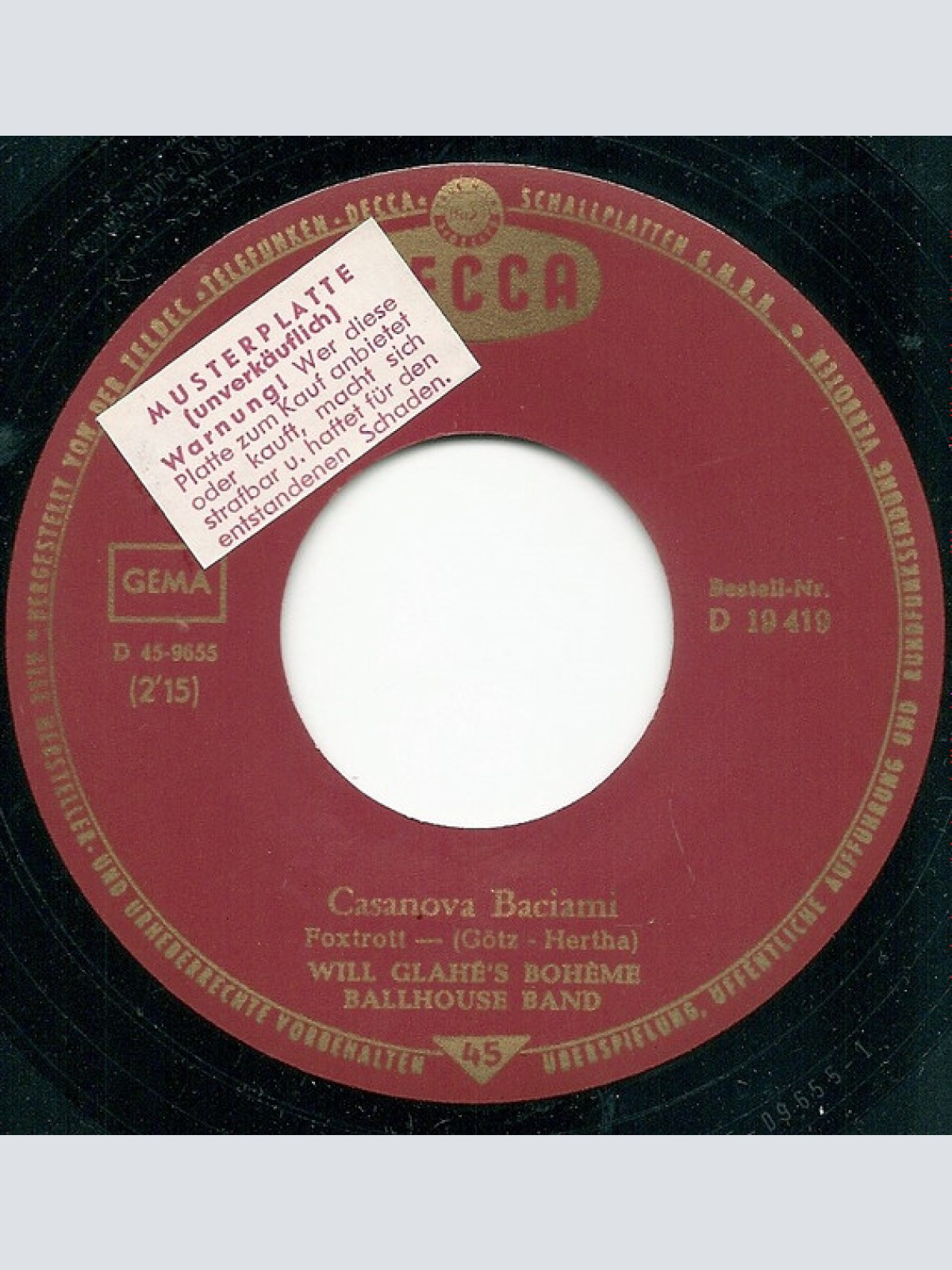 Vinyl / Will Glahé's Boheme Ballhouse Band - Casanova Baciami / Junge, Komm Bald Wieder