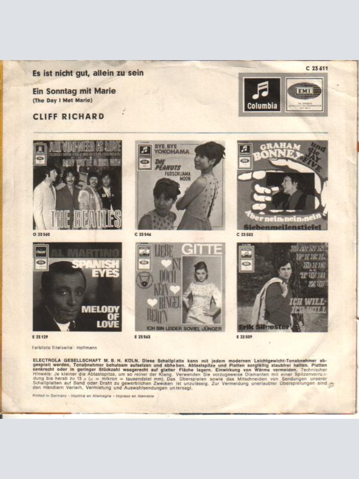 Vinyl / Cliff Richard - Es Ist Nicht Gut, Allein Zu Sein / Ein Sonntag Mit Marie (The Day I Met Marie)