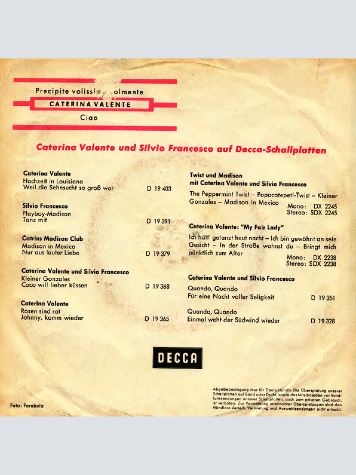 Vinyl / Caterina Valente - Ciao / Precipite Volissime Volmente