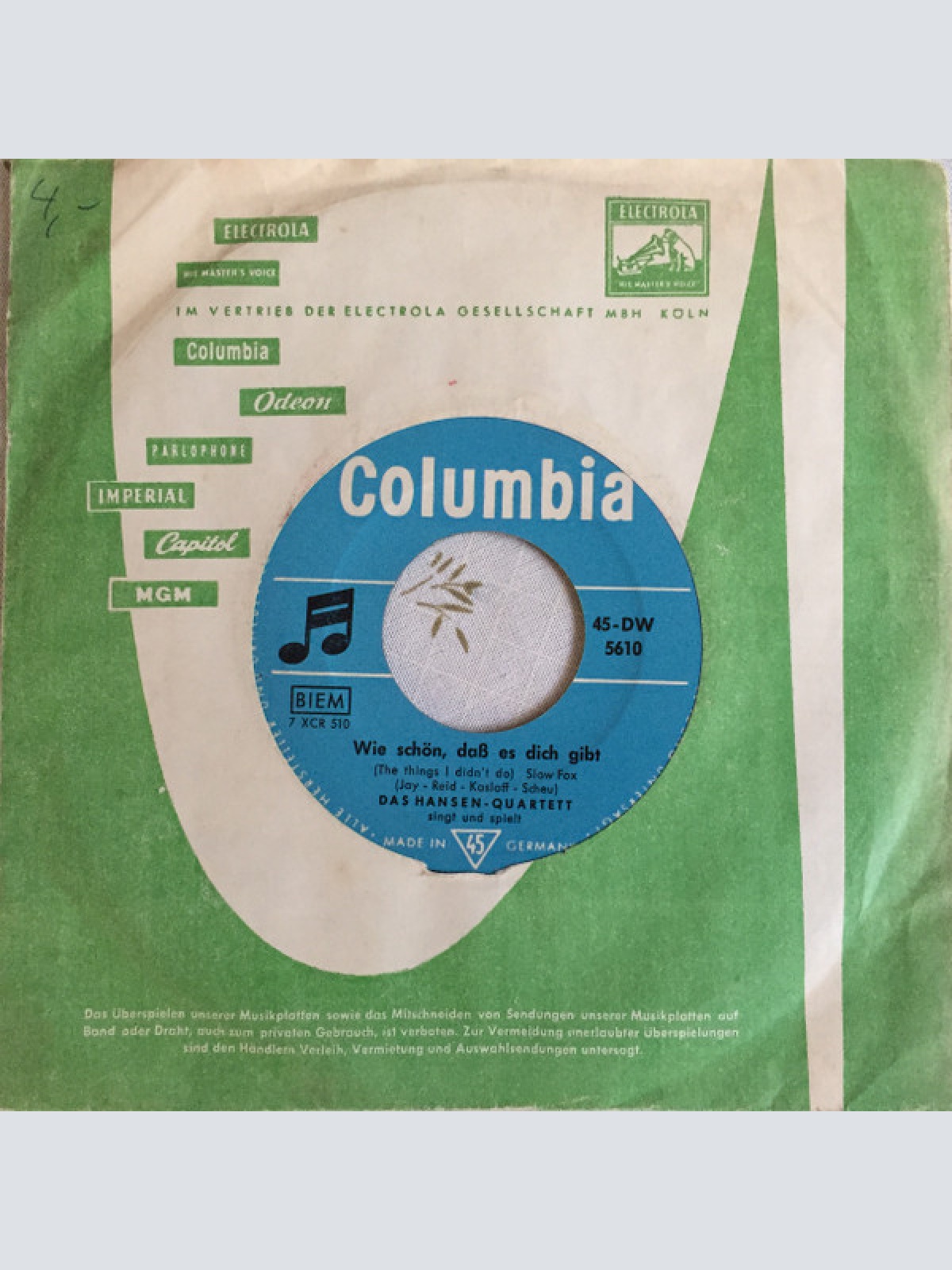 Vinyl / Das Hansen-Quartett - Beim Zärtlichen Blues / Wie Schön, Daß Es Dich Gibt