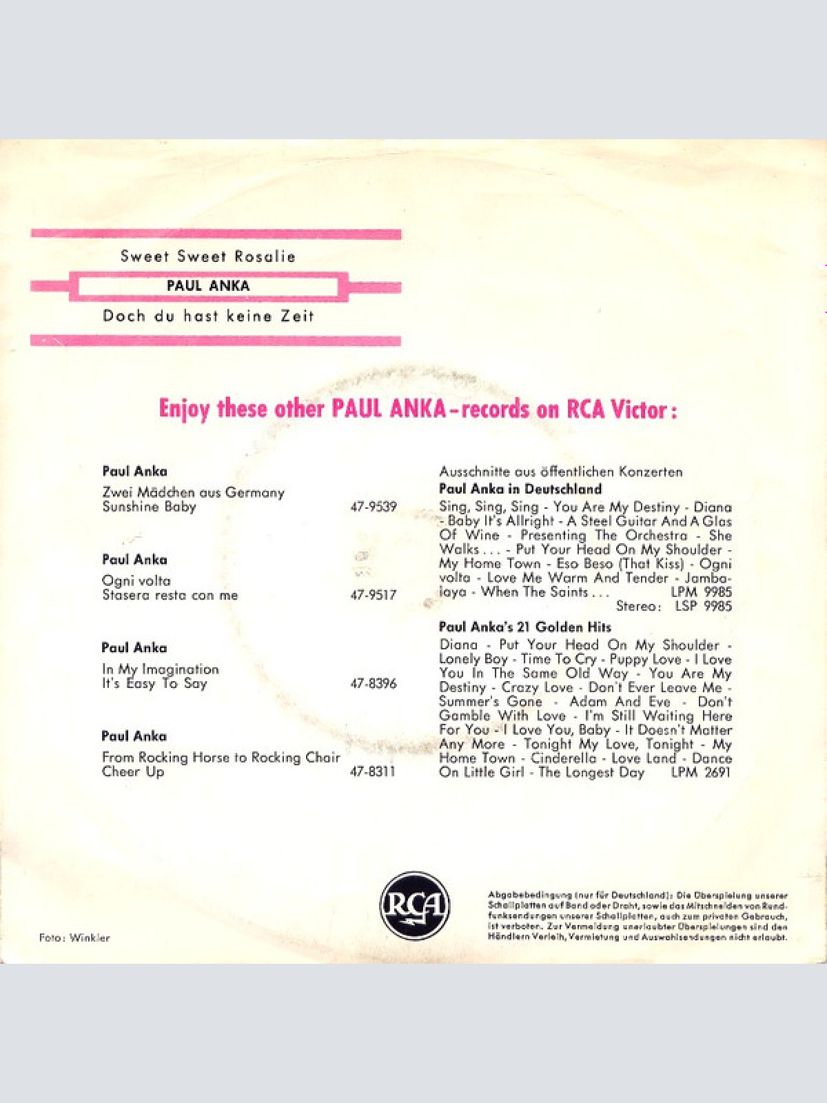 Vinyl / Paul Anka - Sweet Sweet Rosalie / Doch Du Hast Keine Zeit