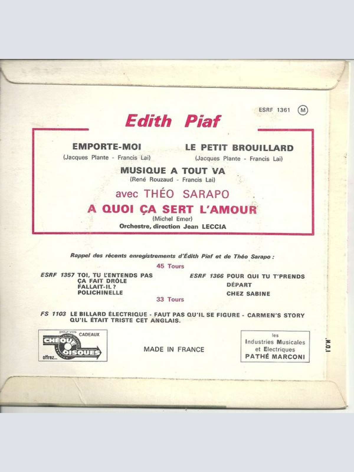 Vinyl / Edith Piaf Avec Théo Sarapo - A Quoi Ça Sert L'amour