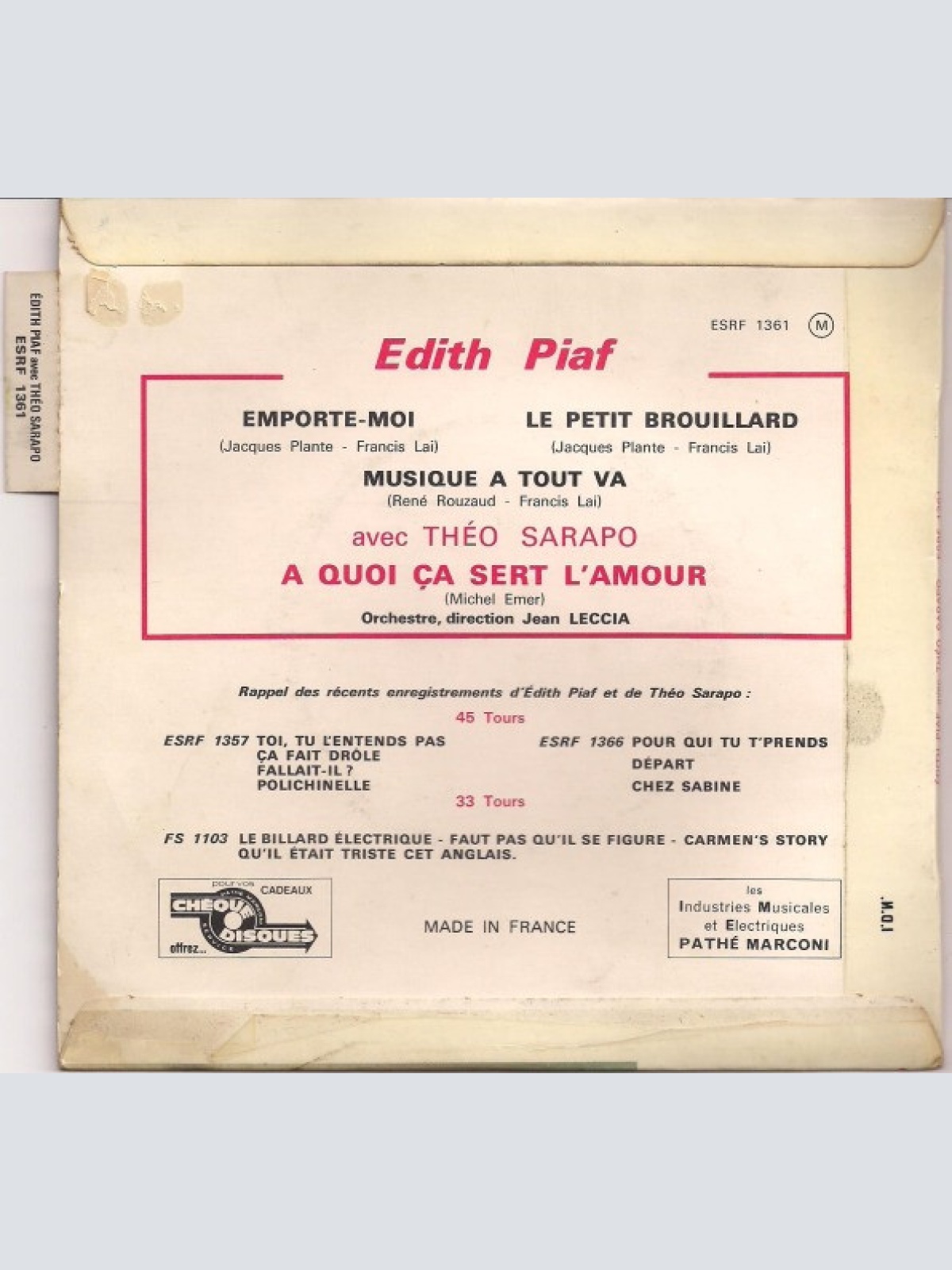 Vinyl / Edith Piaf Avec Théo Sarapo - A Quoi Ça Sert L'amour