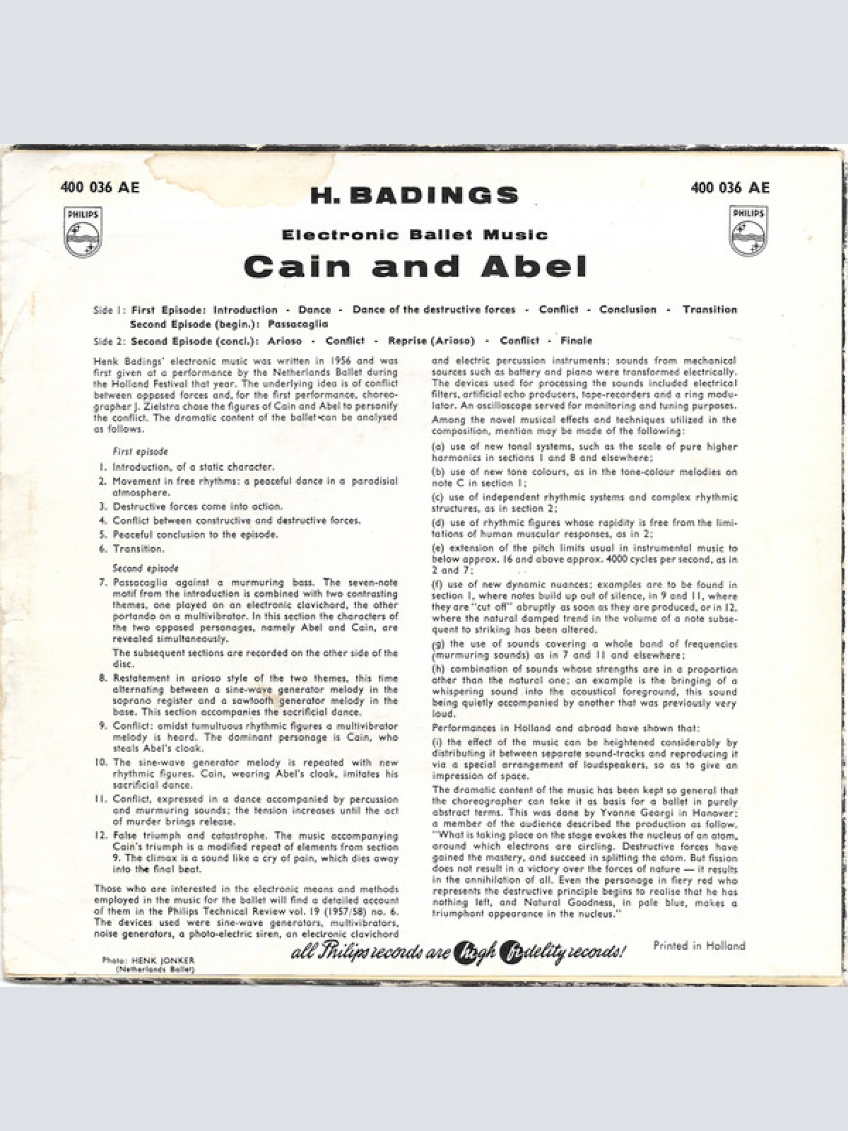 Vinyl / H. Badings* - Electronic Ballet Music "Cain And Abel"