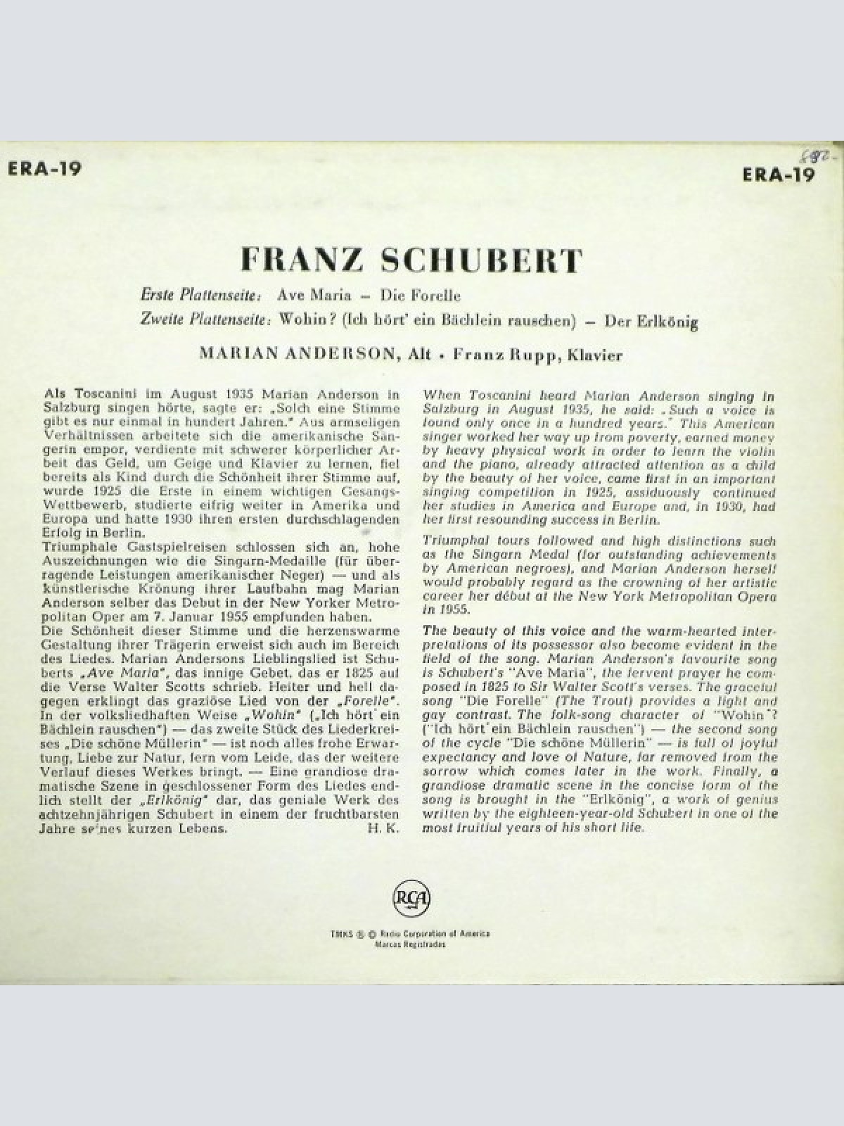 Vinyl / Marian Anderson - Ave Maria And Other Schubert Songs