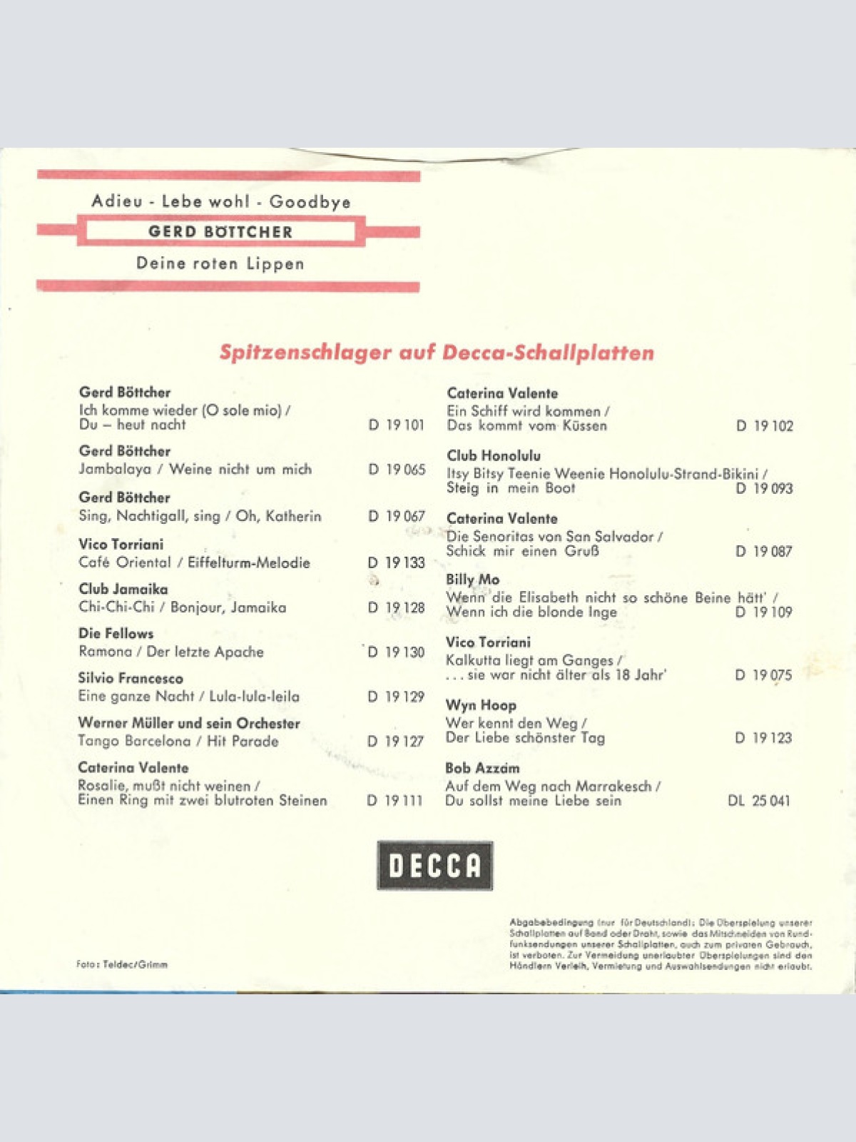 Vinyl / Gerd Böttcher - Adieu, Leb Wohl, Goodbye / Deine Roten Lippen