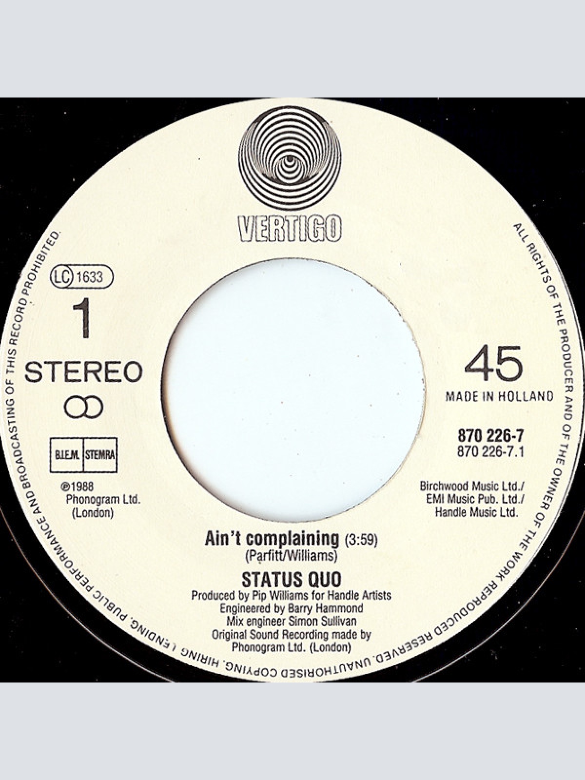 Vinyl / Status Quo - Ain't Complaining