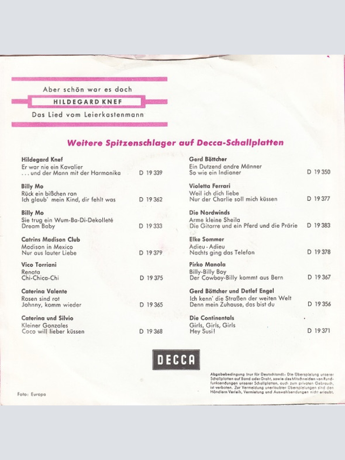 Vinyl / Hildegard Knef - Aber Schön War Es Doch