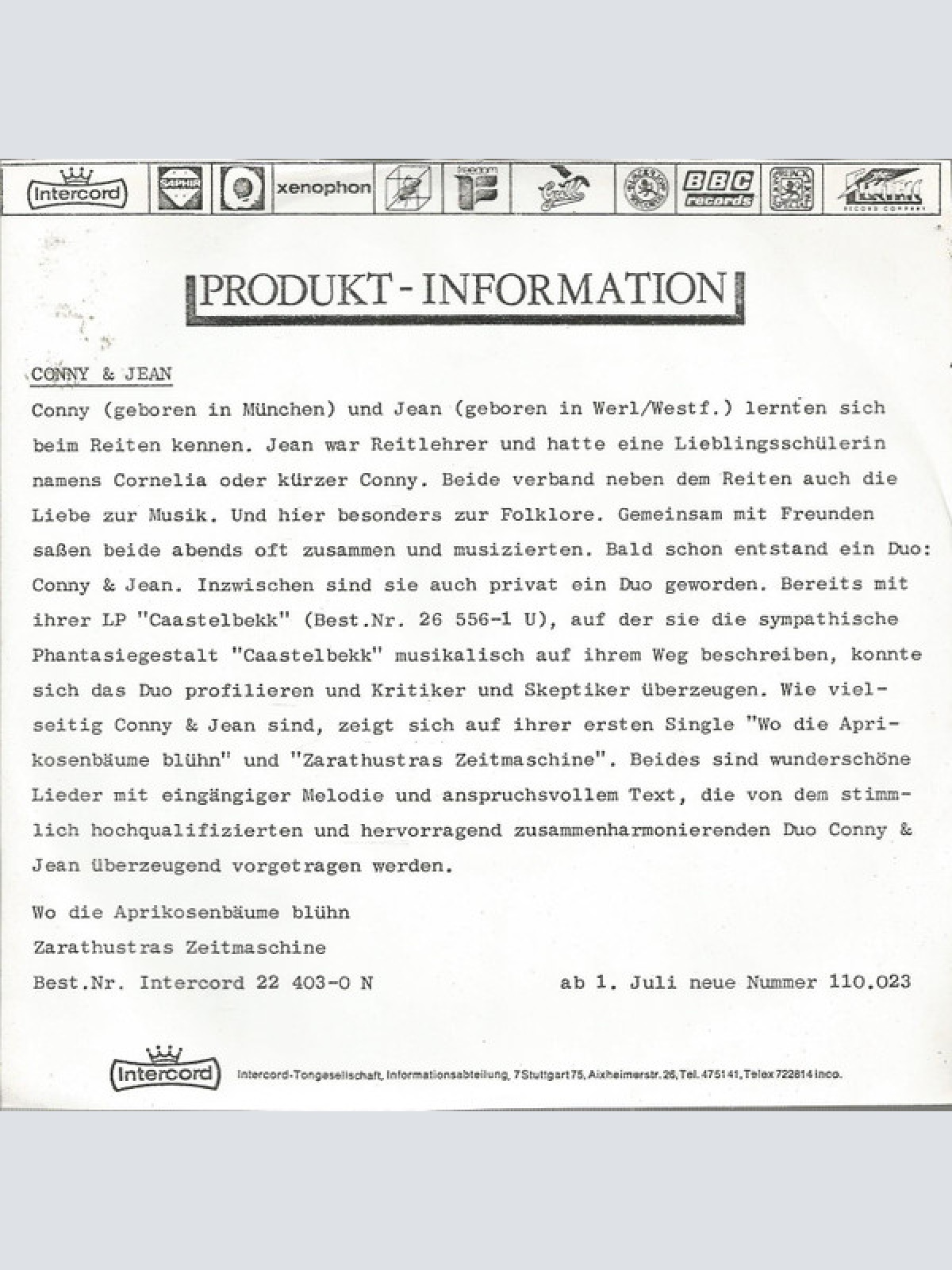 Vinyl / Conny & Jean - Wenn Die Aprikosenbäume Blühn / Zarathustras Zeitmaschine