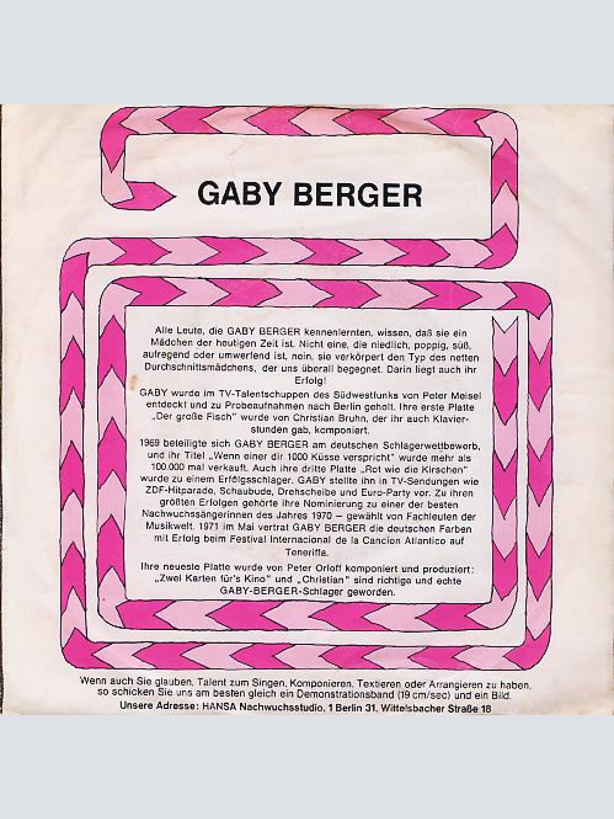 Vinyl / Gaby Berger - Zwei Karten Für's Kino / Christian (Zonneschijn)