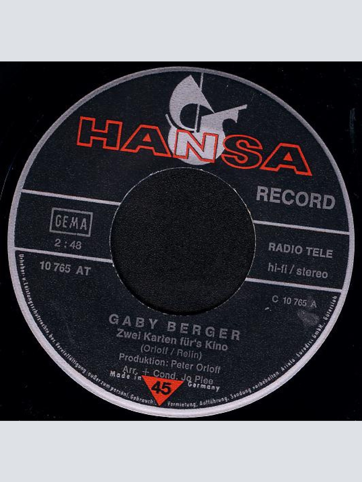 Vinyl / Gaby Berger - Zwei Karten Für's Kino / Christian (Zonneschijn)
