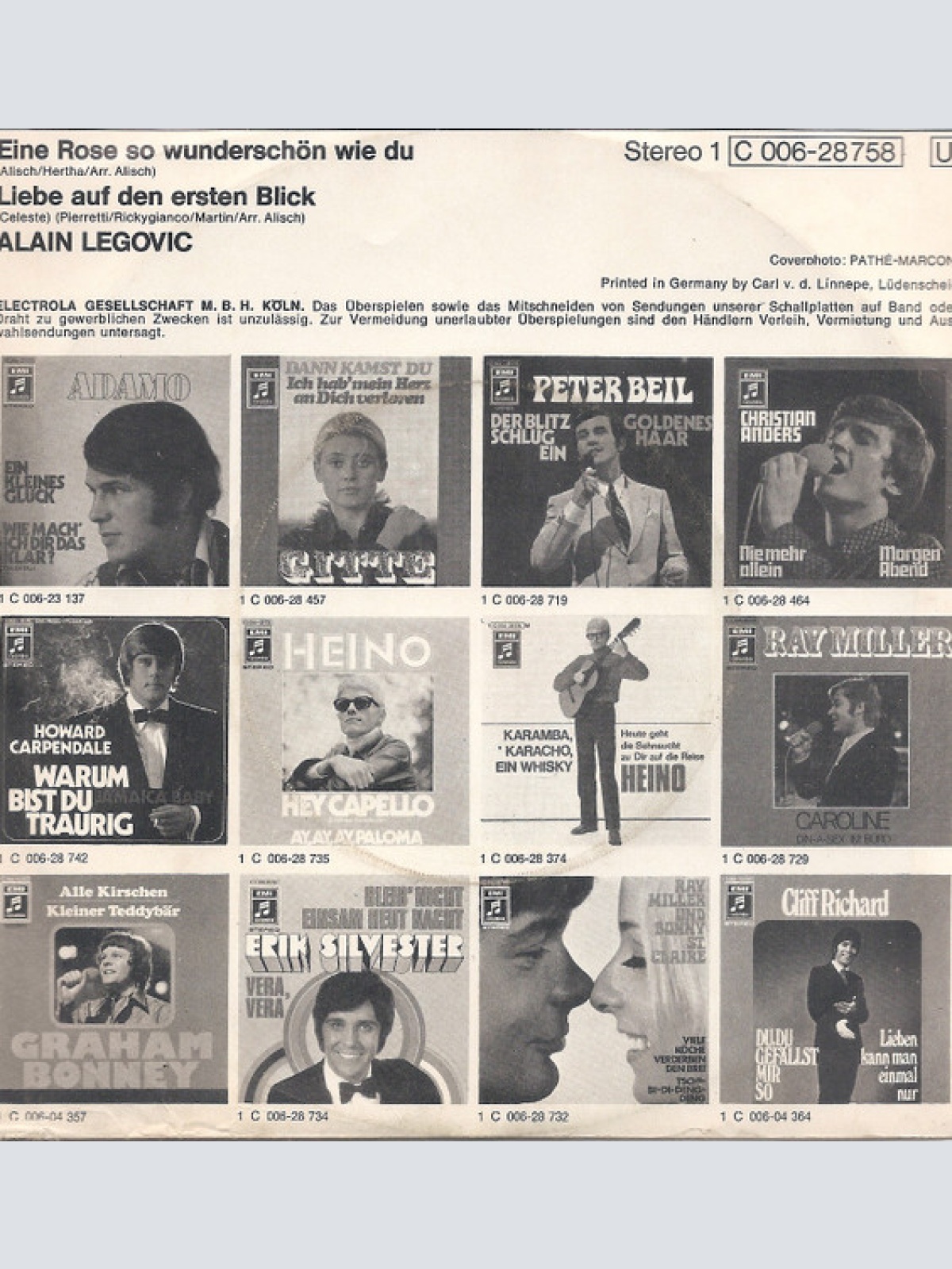 Vinyl / Alain Legovic - Eine Rose So Wunderschön Wie Du / Liebe Auf Den Ersten Blick