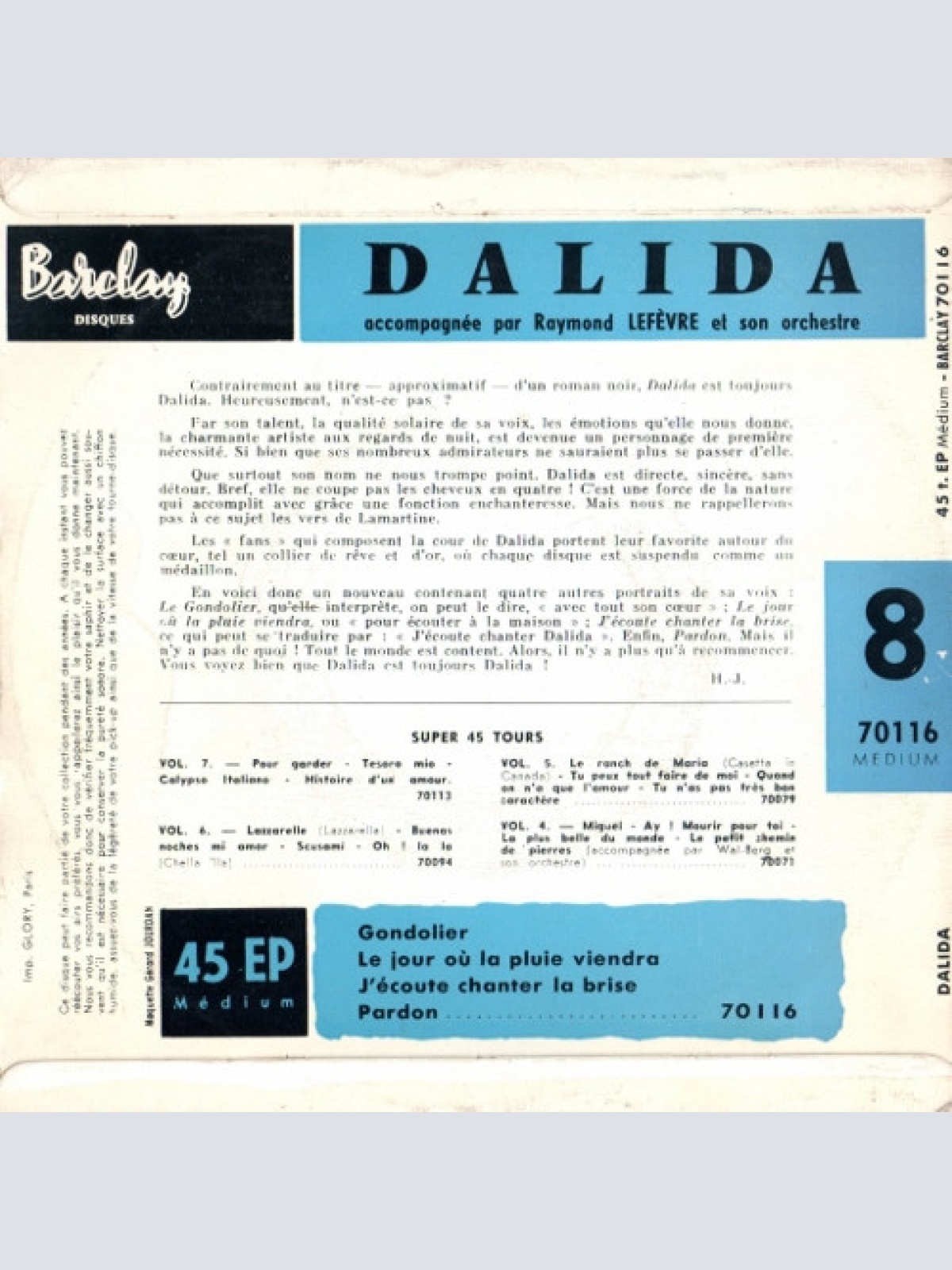 Vinyl / Dalida Accompagnée Par Raymond Lefèvre Et Son Orchestre* - Gondolier - 8