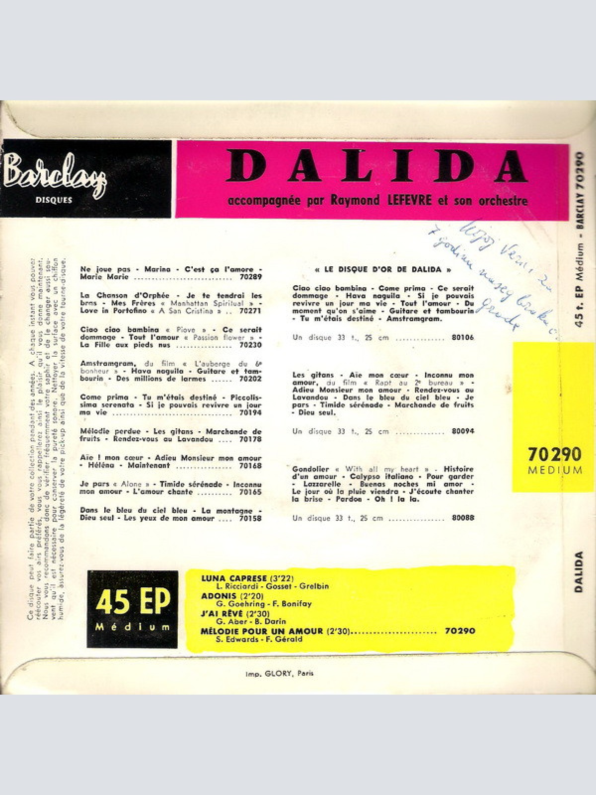 Vinyl / Dalida Accompagnée Par Raymond Lefèvre Et Son Orchestre* - Luna Caprese
