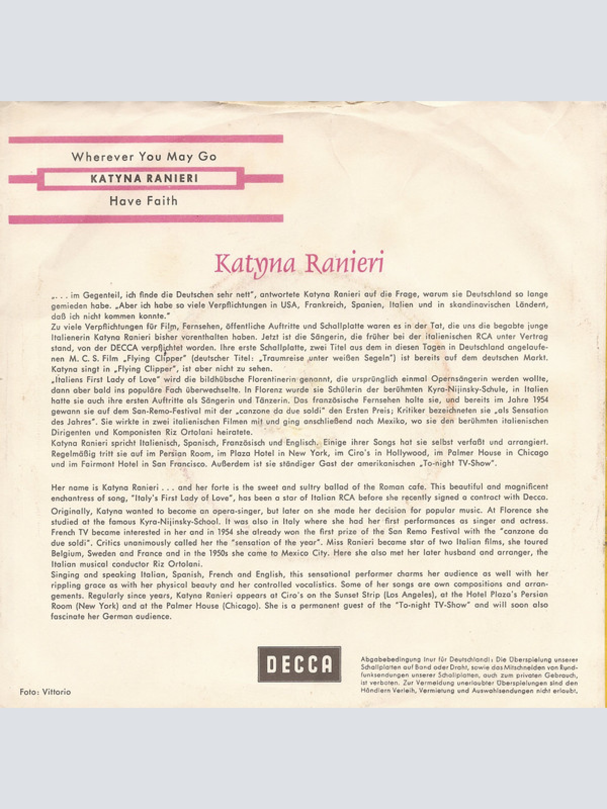 Vinyl / Katyna Ranieri - Wherever You May Go