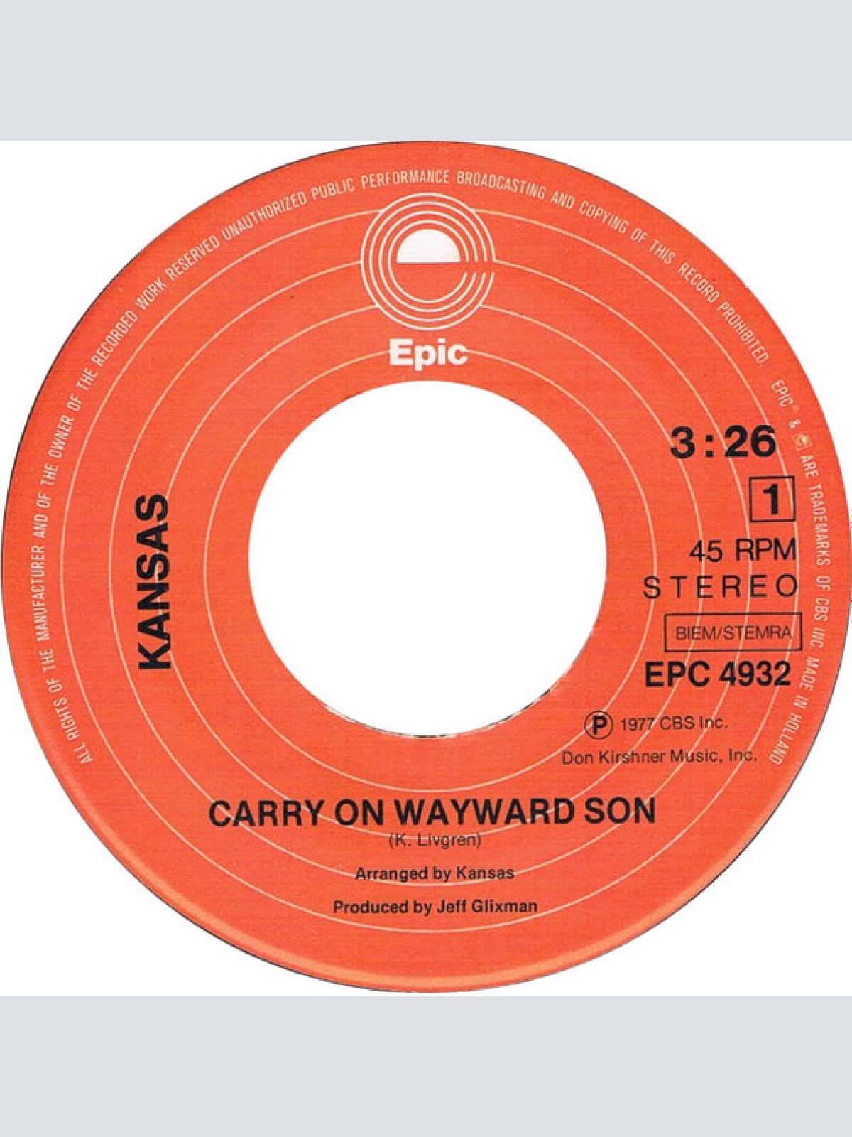 Vinyl / Kansas (2) - Carry On Wayward Son