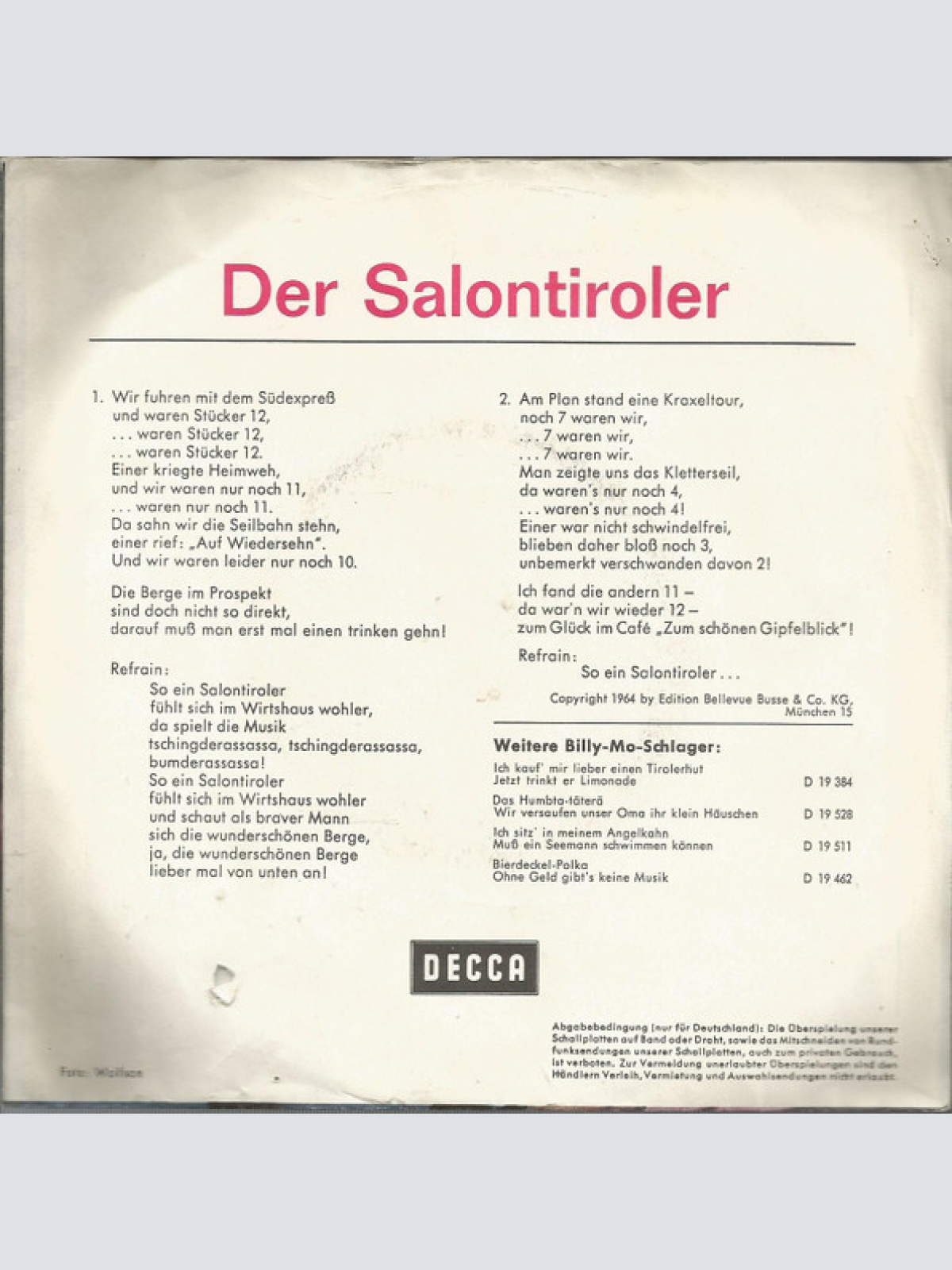 Vinyl / Billy Mo - Der Salontiroler