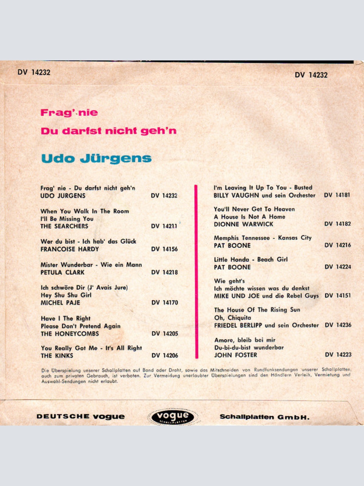 Vinyl / Udo Jürgens - Frag' Nie / Du Darfst Nicht Geh'n