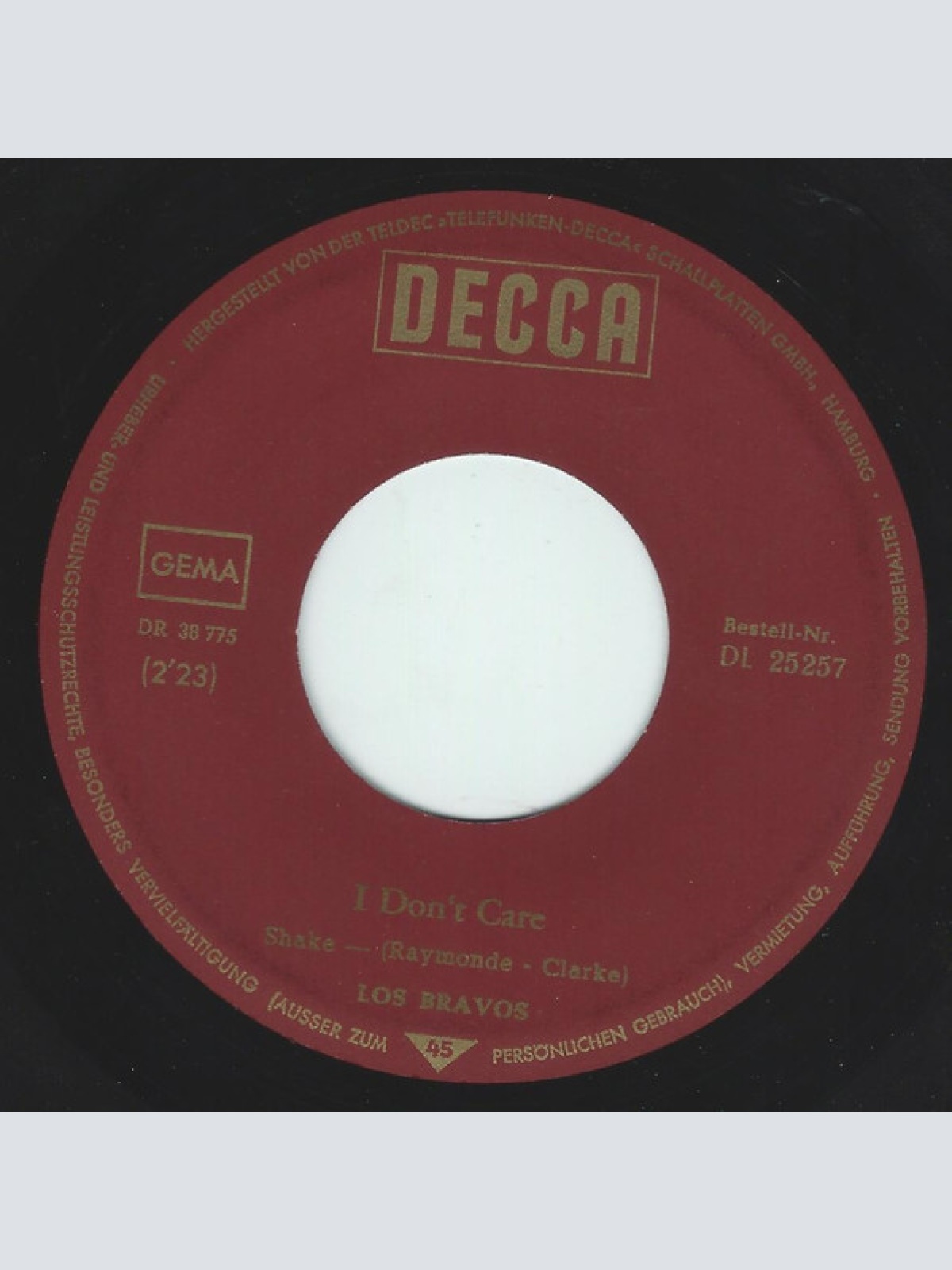 Vinyl / Los Bravos - I Don't Care / Don't Be Left Out In The Cold