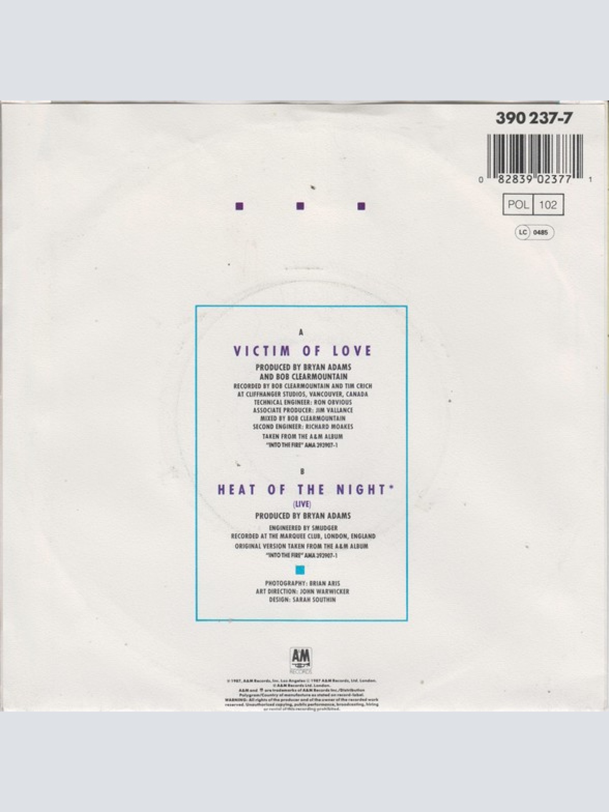 Vinyl / Bryan Adams - Victim Of Love