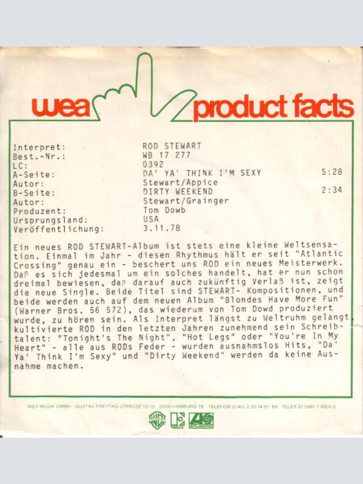 Vinyl / Rod Stewart - Da' Ya' Think I'm Sexy