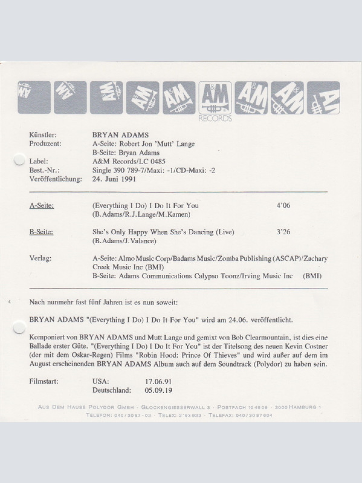 Vinyl / Bryan Adams - (Everything I Do) I Do It For You