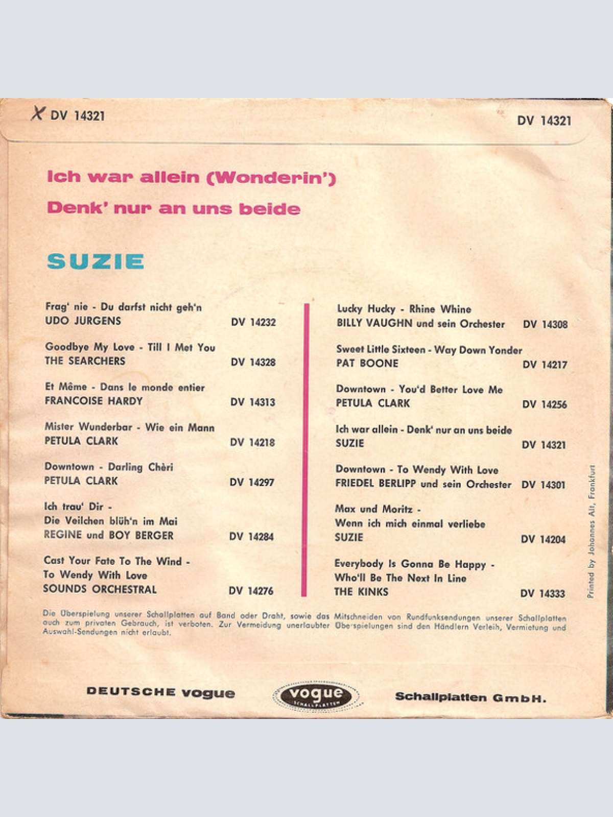 Vinyl / Suzie (2) - Ich War Allein / Denk Nur An Uns Beide