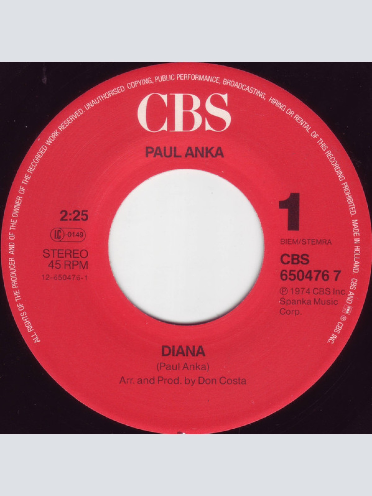 Vinyl / Paul Anka - Diana / Put Your Head On My Shoulder