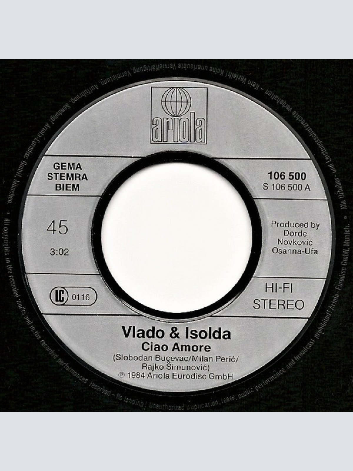 Vinyl / Vlado* & Isolda* - Ciao Amore