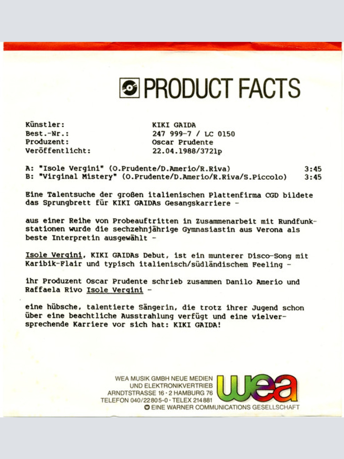 Vinyl / Kiki Gaida - Isole Vergini / Virginal Mystery