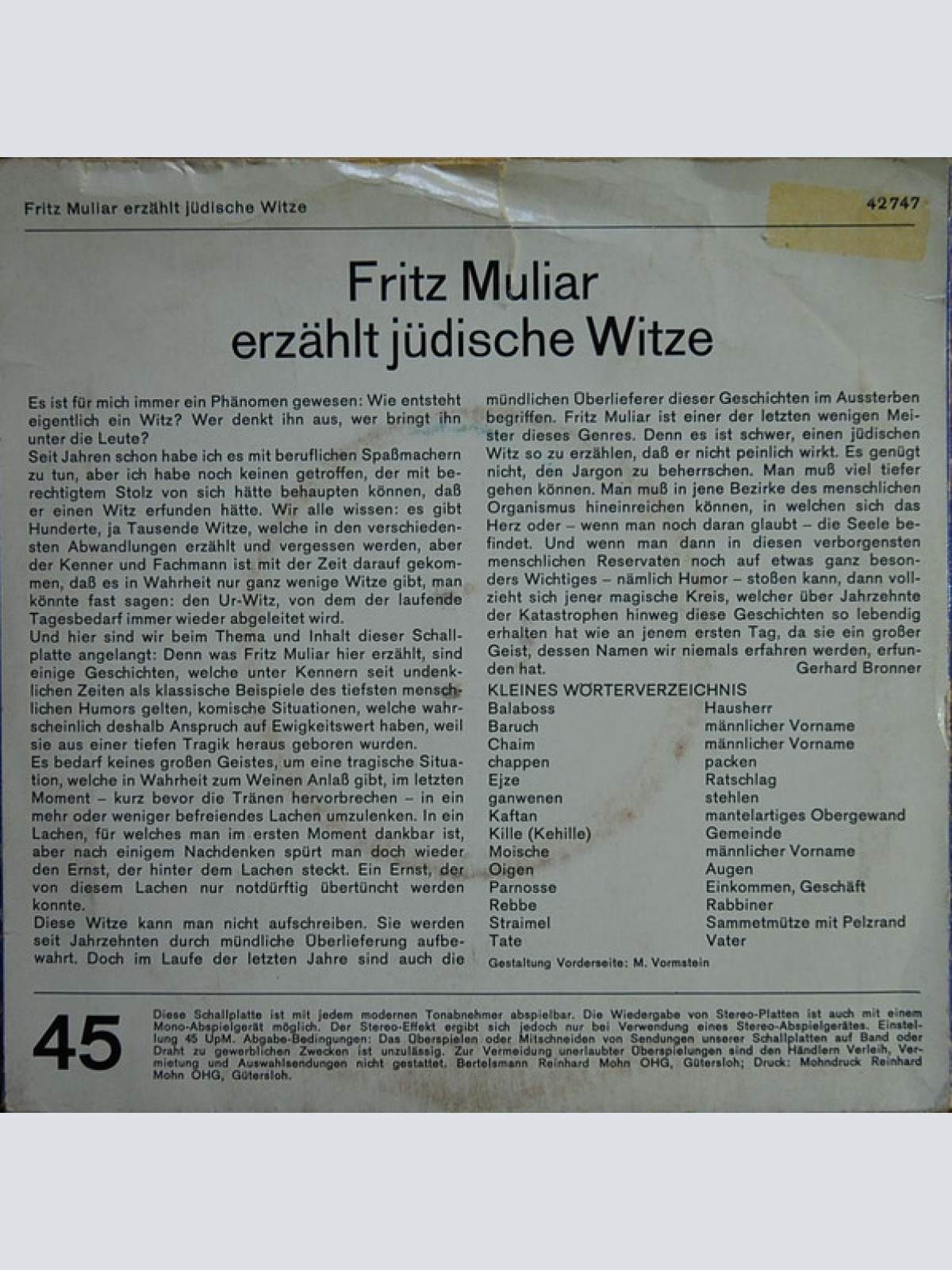 Vinyl / Fritz Muliar - Fritz Muliar Erzählt Jüdische Witze