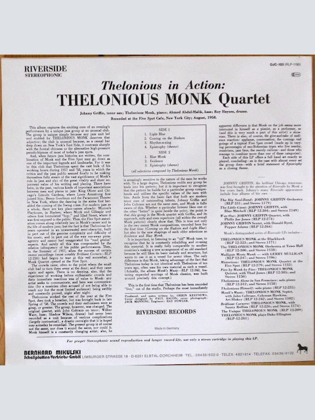 Vinyl / Thelonious Monk Quartet* With Johnny Griffin - Thelonious In Action