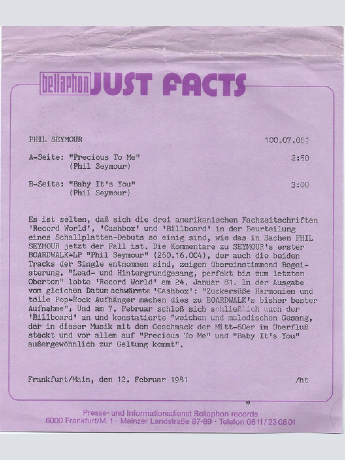 Vinyl / Phil Seymour - Precious To Me